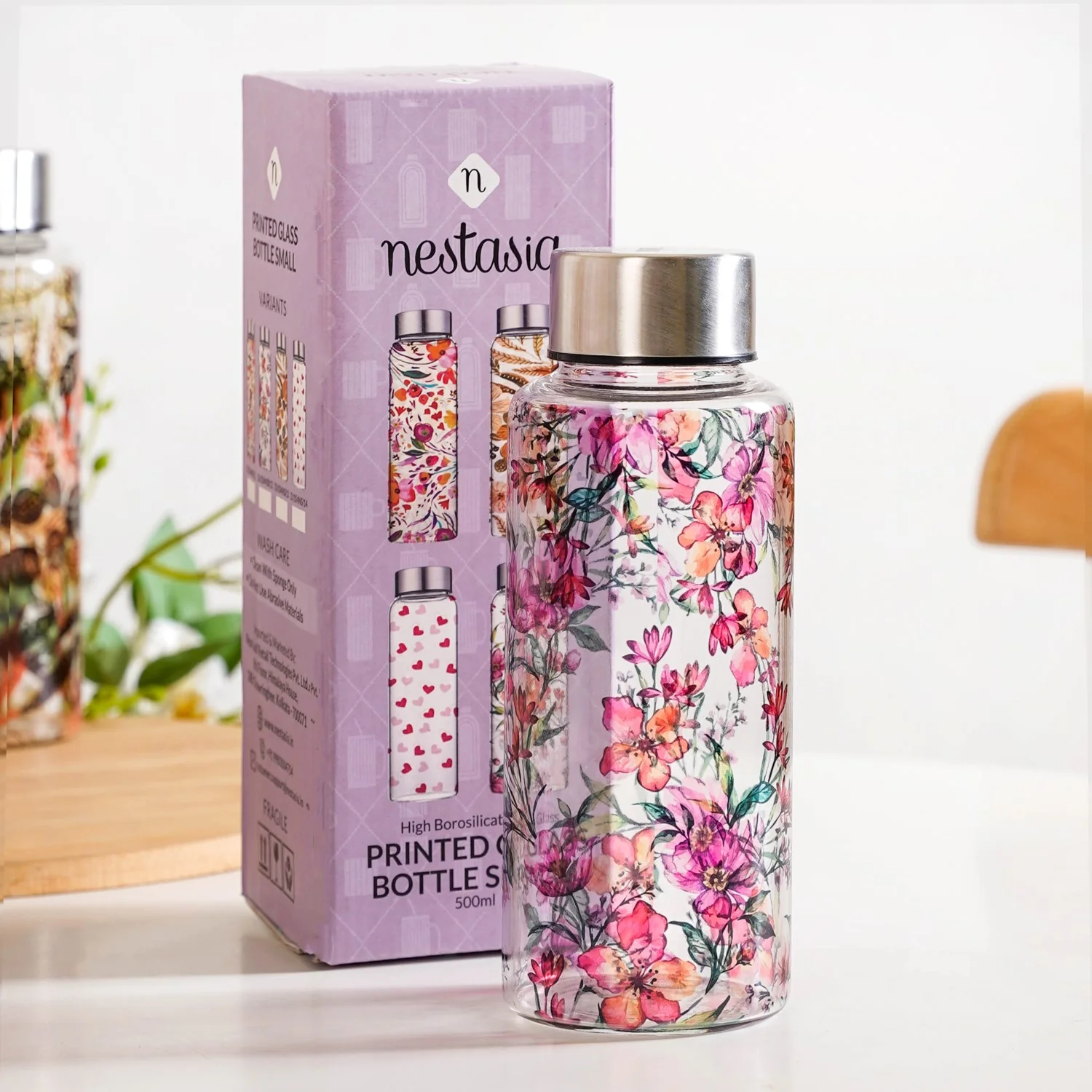 Tropical Hibiscus Borosilicate Glass Water Bottle With Stainless Steel Lid 500ml - Image 3
