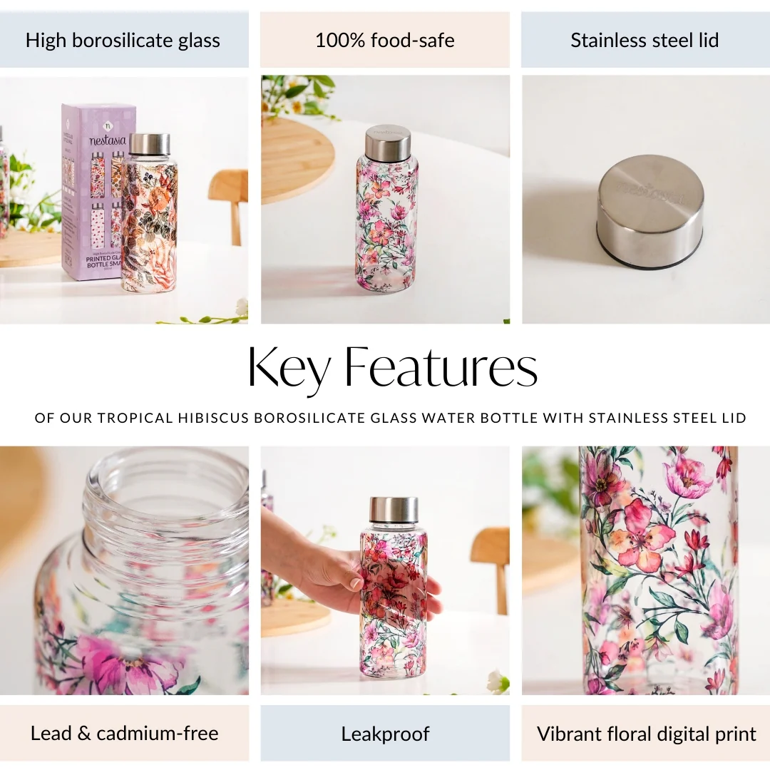 Tropical Hibiscus Borosilicate Glass Water Bottle With Stainless Steel Lid 500ml - Image 5