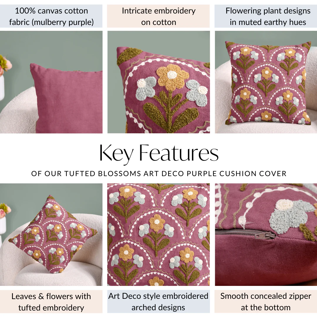 Tufted Blossoms Art Deco Purple Cushion Cover 40x40cm - Image 5