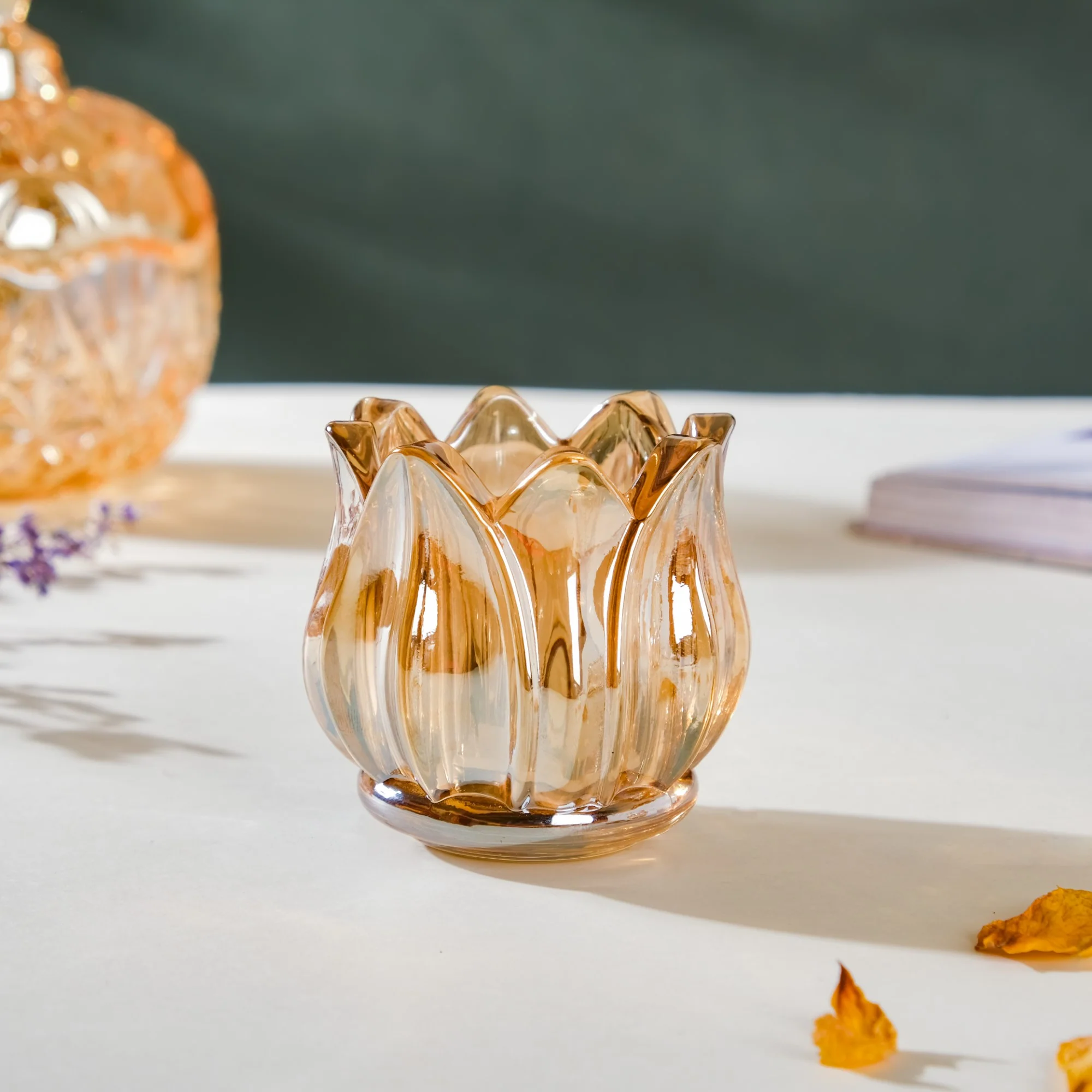 Tulip Glass Tea Light Candle Holder Amber Set Of 6 - Image 8