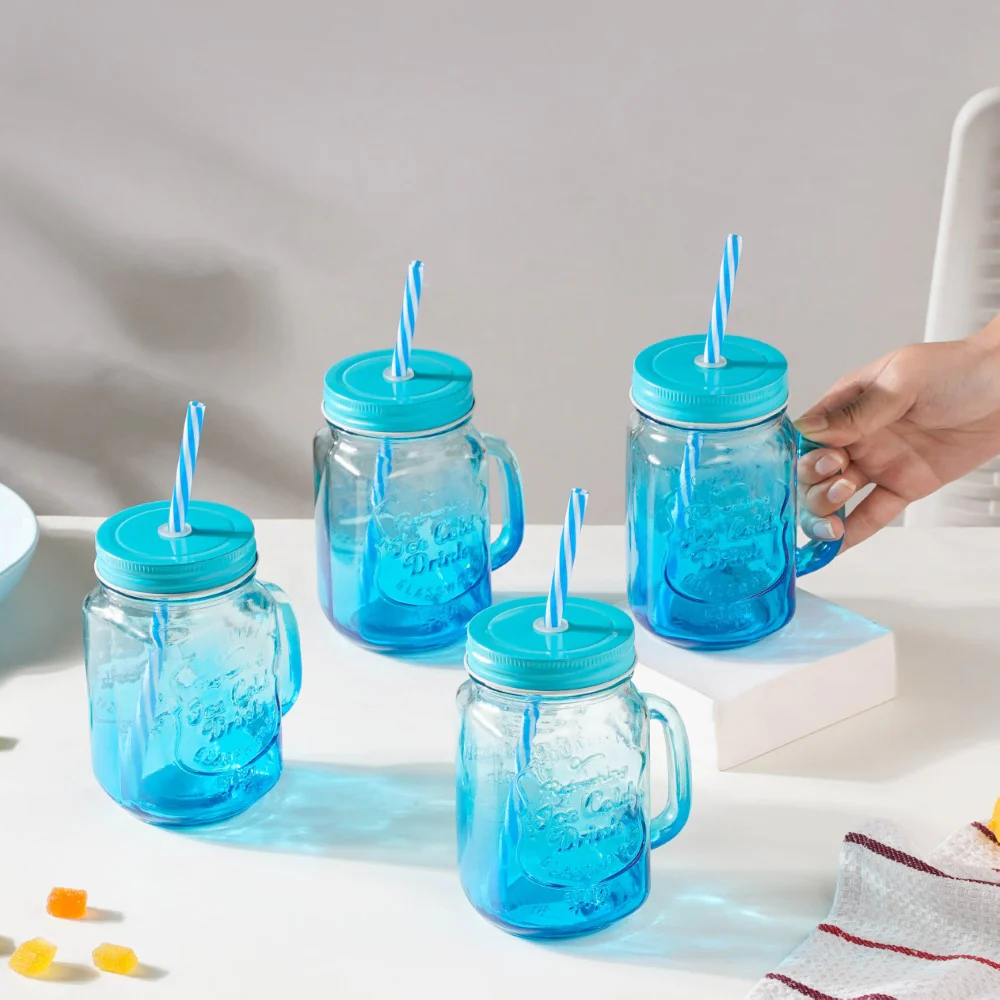 Tutti Frutti Set of 4 Glass Mug Blue with Lid and Straw 400ml - Image 2