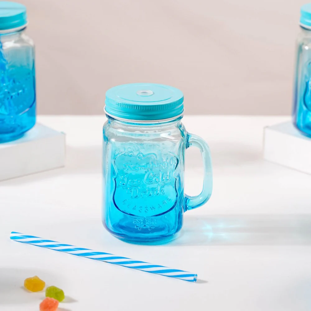Tutti Frutti Set of 4 Glass Mug Blue with Lid and Straw 400ml - Image 4
