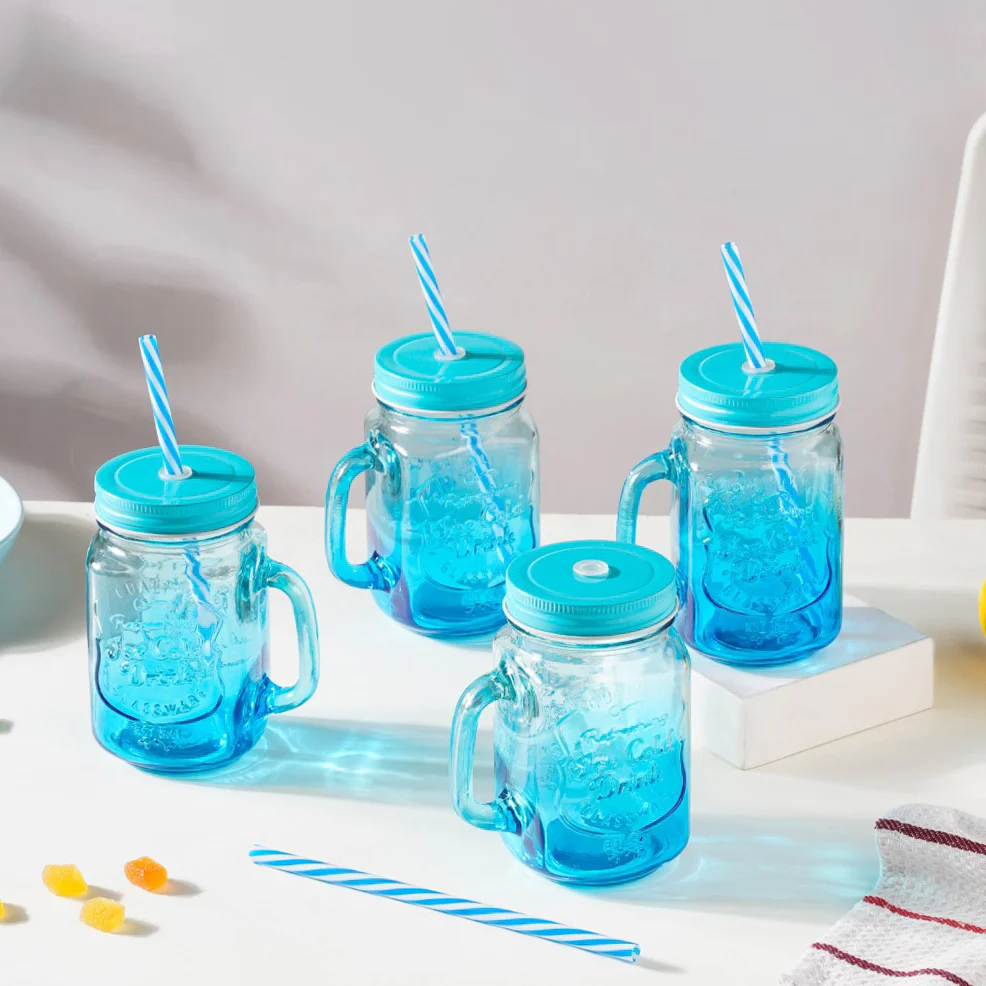 Tutti Frutti Set of 4 Glass Mug Blue with Lid and Straw 400ml - Image 7
