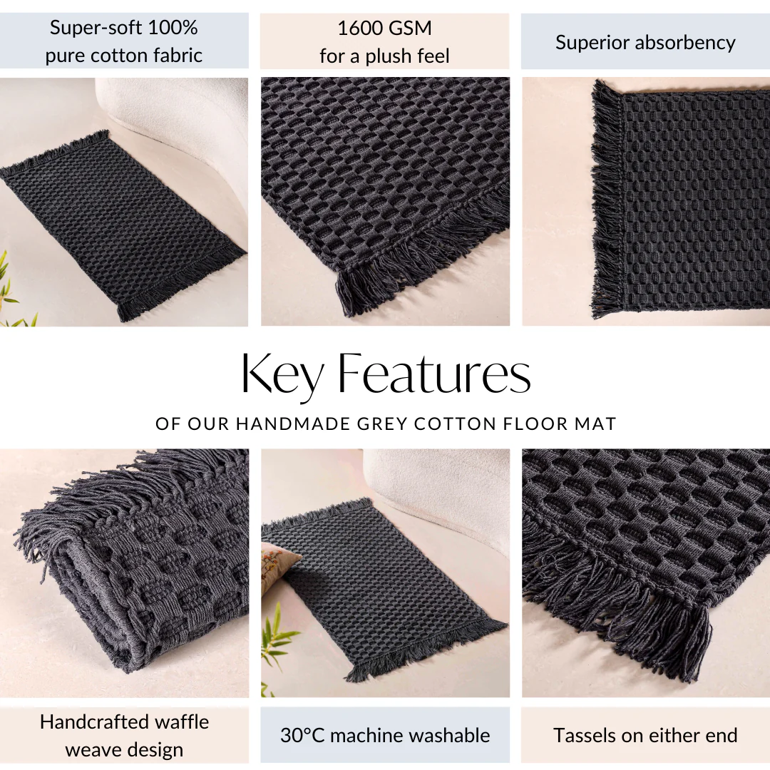 Ultra Soft Waffle Weave Handmade Cotton Floor Mat Grey 37x20 Inch - Image 6