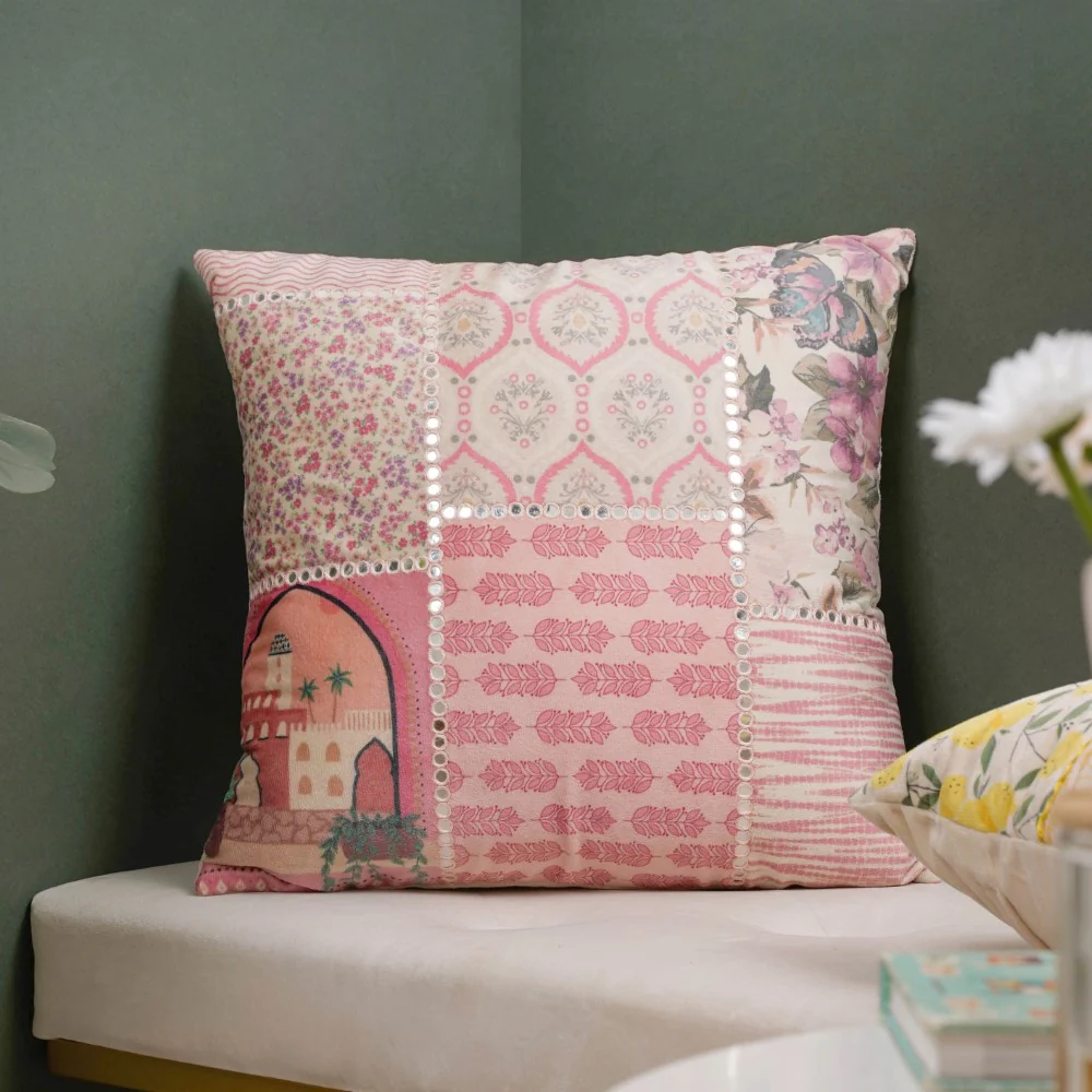 Valencia Velvet Cushion Cover With Mirrorwork Pink 16 x 16 Inch - Image 2