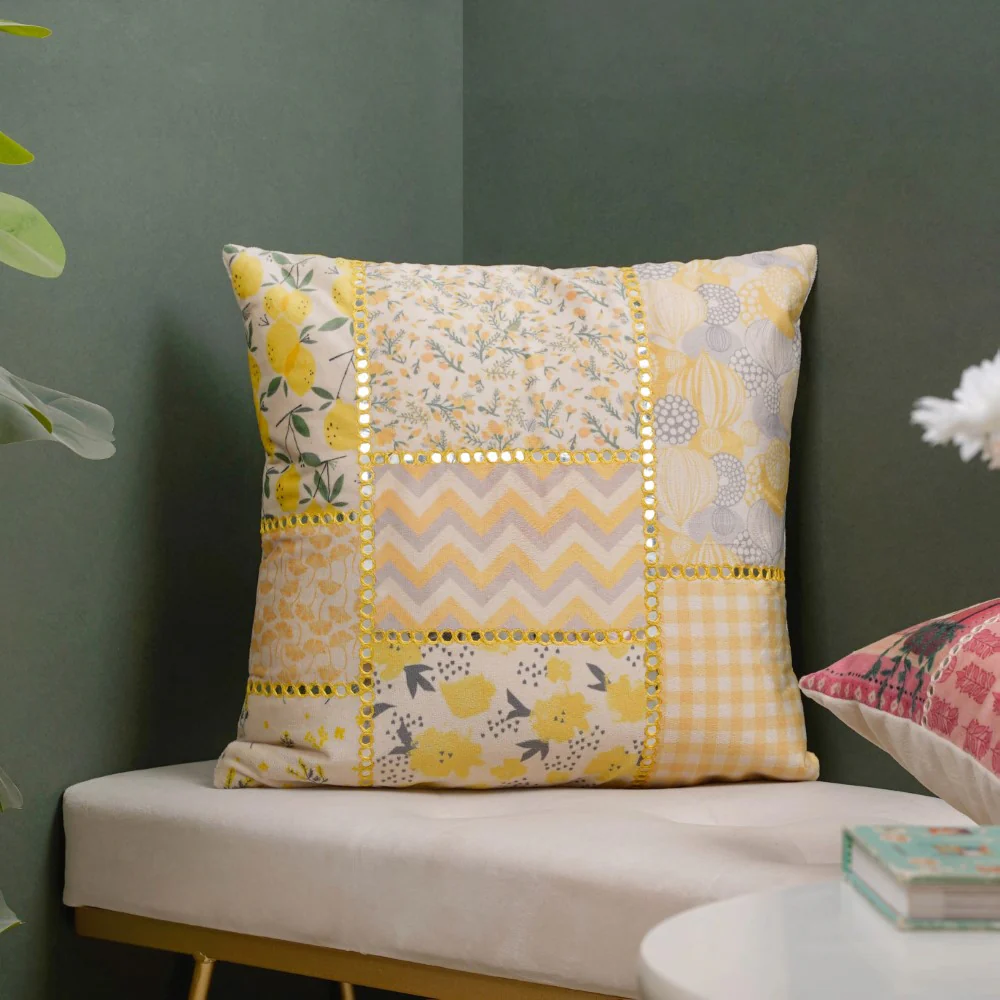 Valencia Velvet Mirrorwork Cushion Cover Yellow 16 x 16 Inch