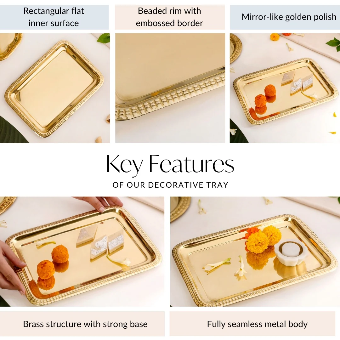 Veda Pure Brass Decorative Tray Gold 30x22cm - Image 4
