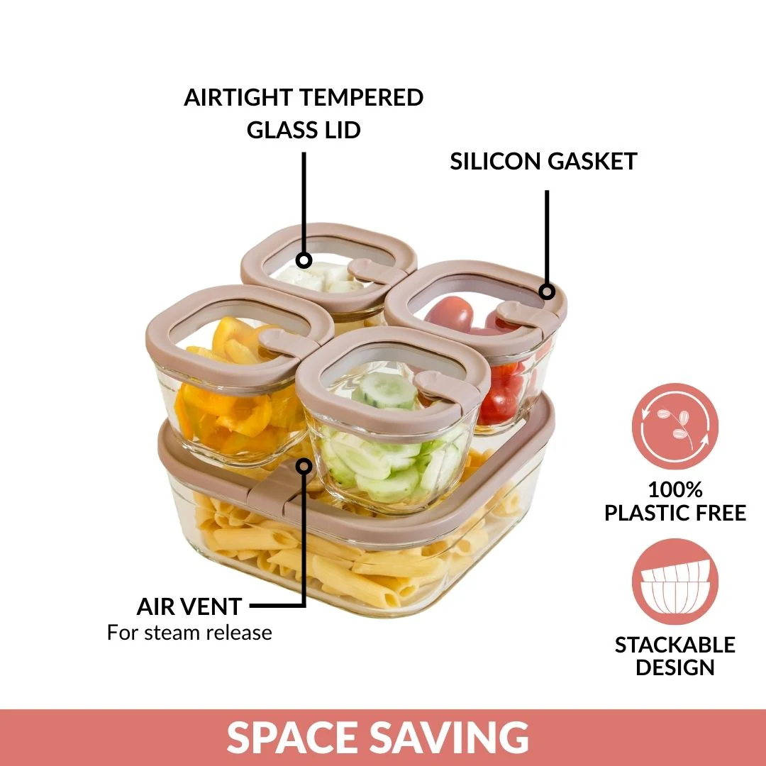 Vento Food Container With Airtight Lid Set Of 5 220ml 1320ml Brown - Image 6