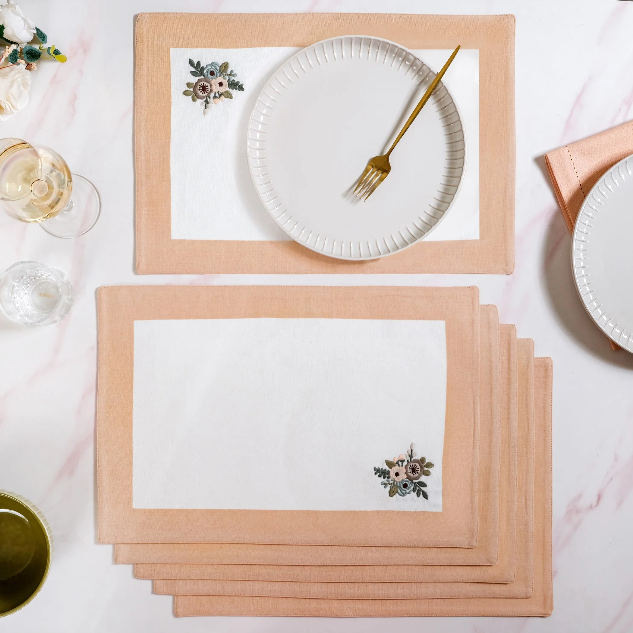 Ventosa Cotton Table Mat And Napkin Set Of 12 In Peach - Image 3