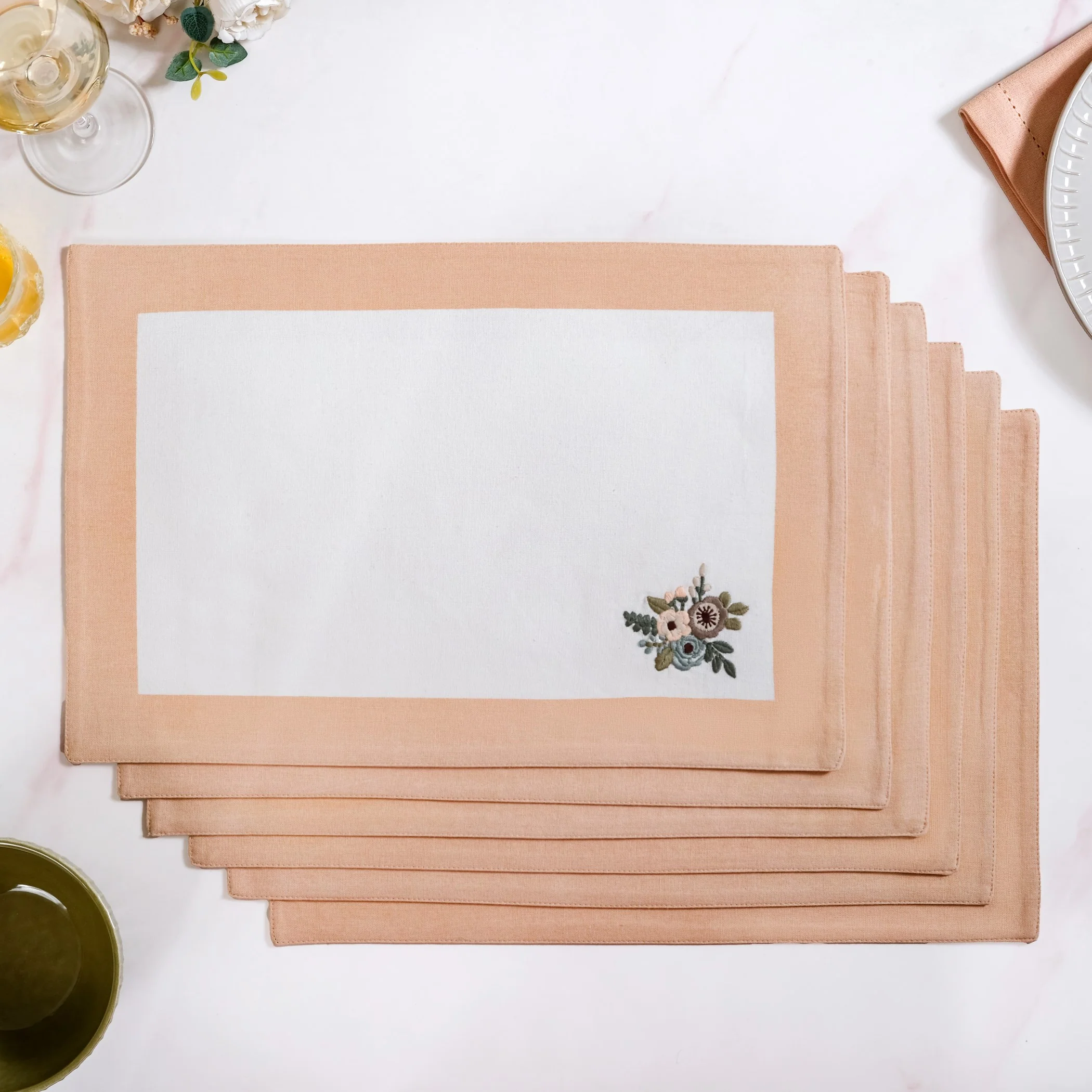 Ventosa Floral Embroidered Table Placemat Set Of 6 In Peach - Image 7