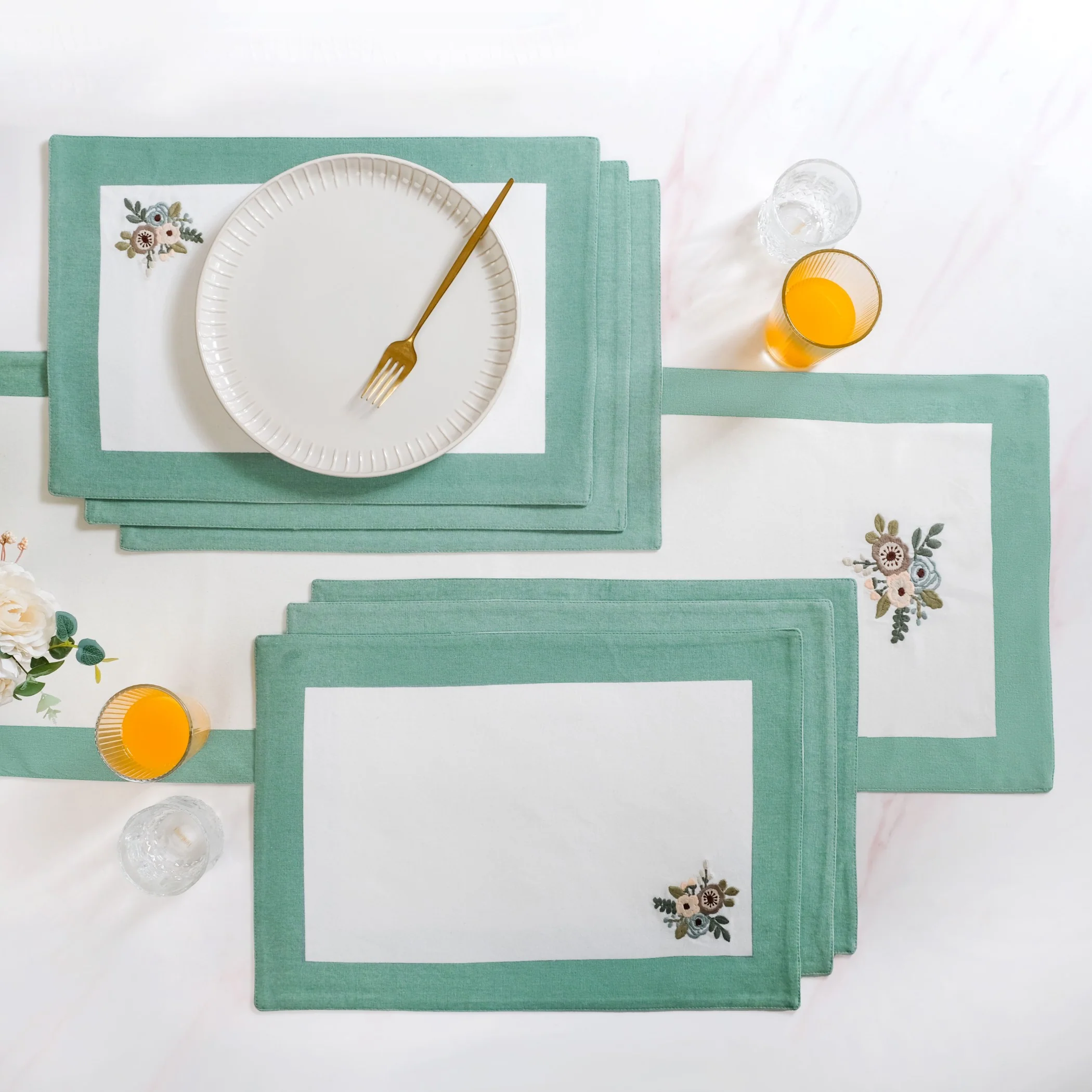 Ventosa Pure Cotton Table Runner And Placemat Set Of 7 In Teal - Image 10