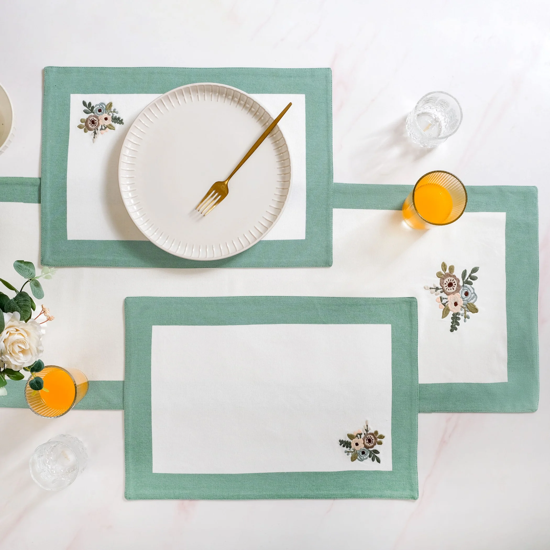 Ventosa Pure Cotton Table Runner And Placemat Set Of 7 In Teal - Image 2