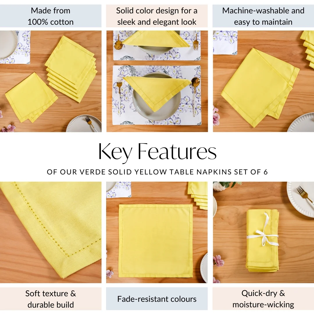 Verde Solid Yellow Table Napkins Set Of 6 - Image 5