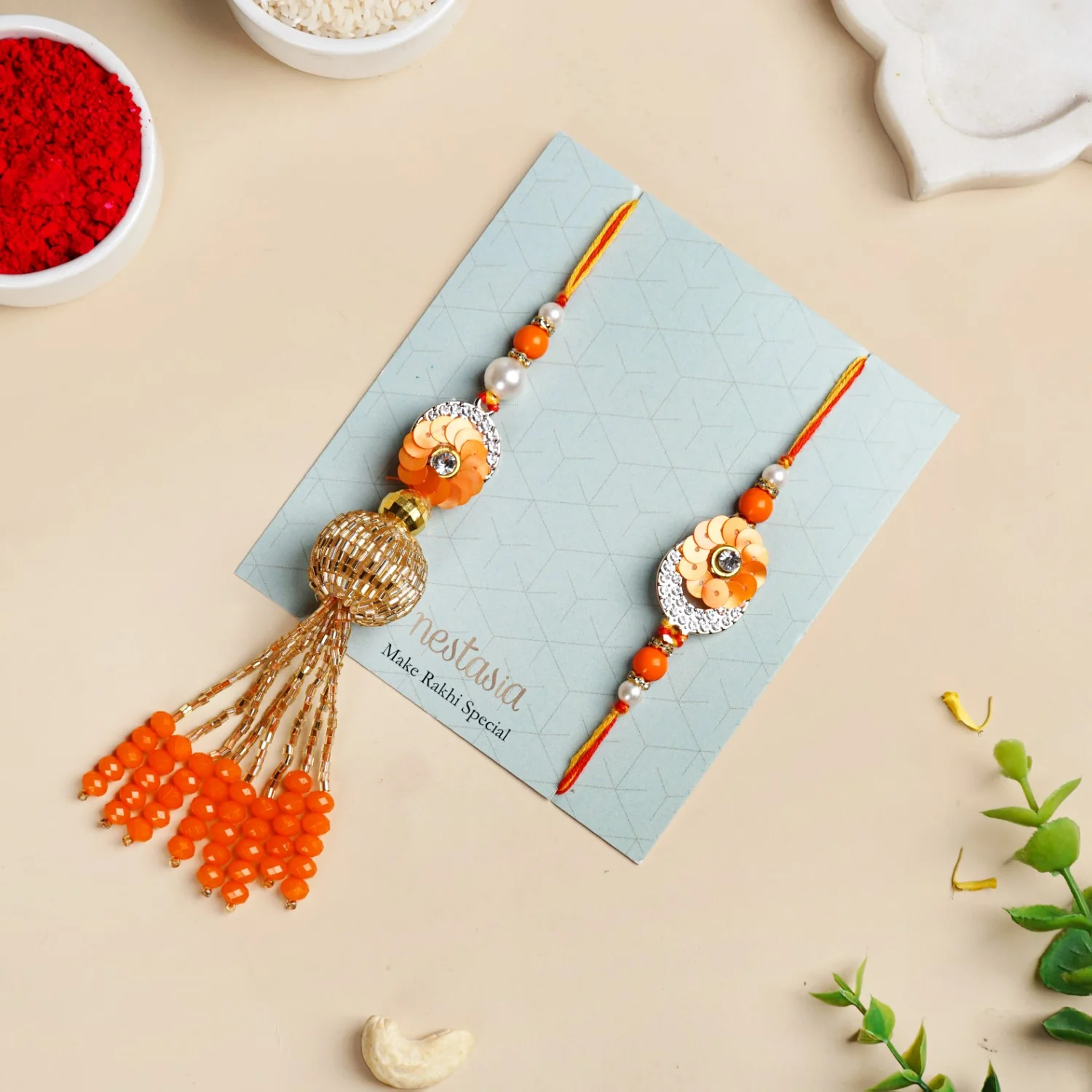 Vibrant Coloured Rakhi Lumba Set For Brother And Bhabhi - Image 3