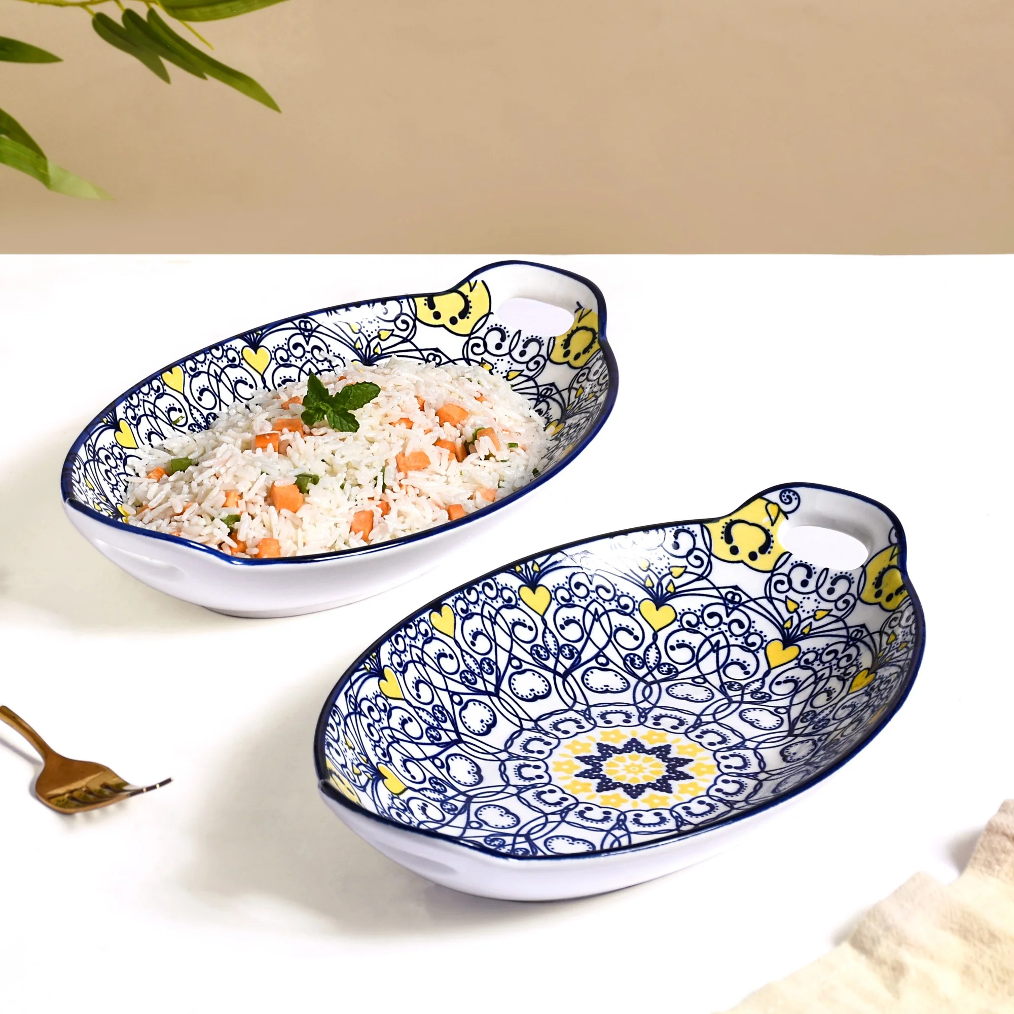 Vibrant Mandala Platter Yellow And Blue Set Of 2 - Image 3
