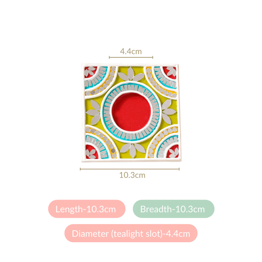 Vibrant Tealight Candle Holder With Mirror Work Lippan Art Set Of 4 - Image 4