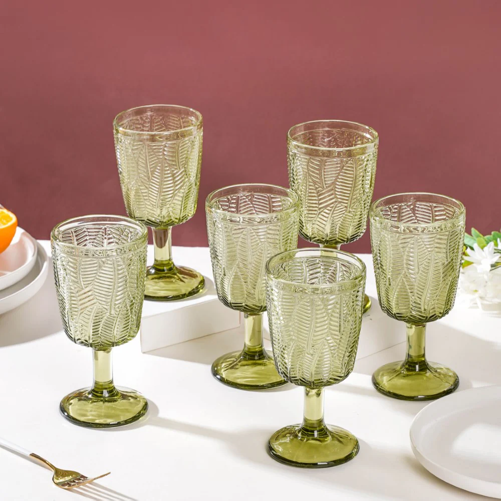 Vintage Engraved Wine Glass Green Set of 6 300 ml - Image 4