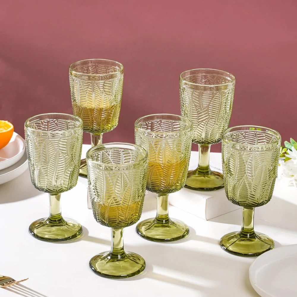 Vintage Engraved Wine Glass Green Set of 6 300 ml - Image 9