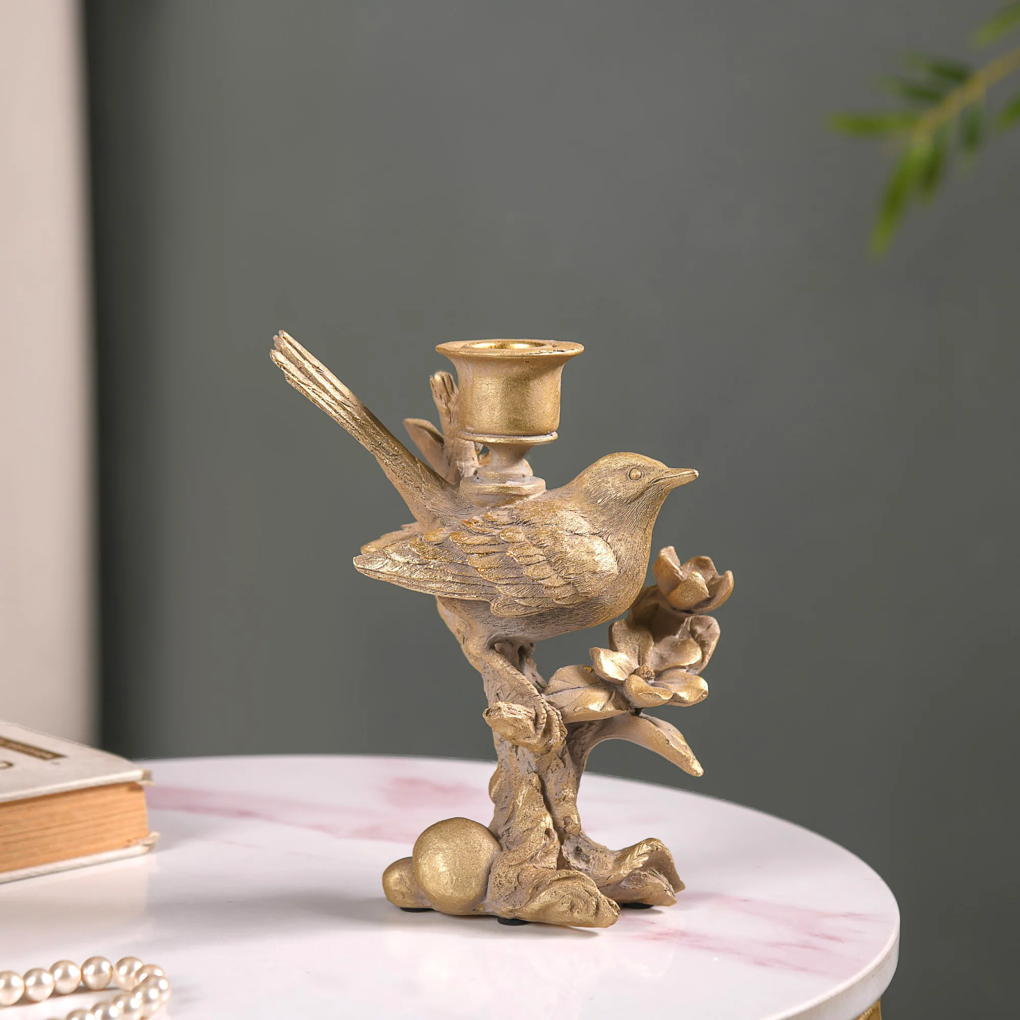 Vintage Patina Gold Bird On Branch Candle Stand - Image 3