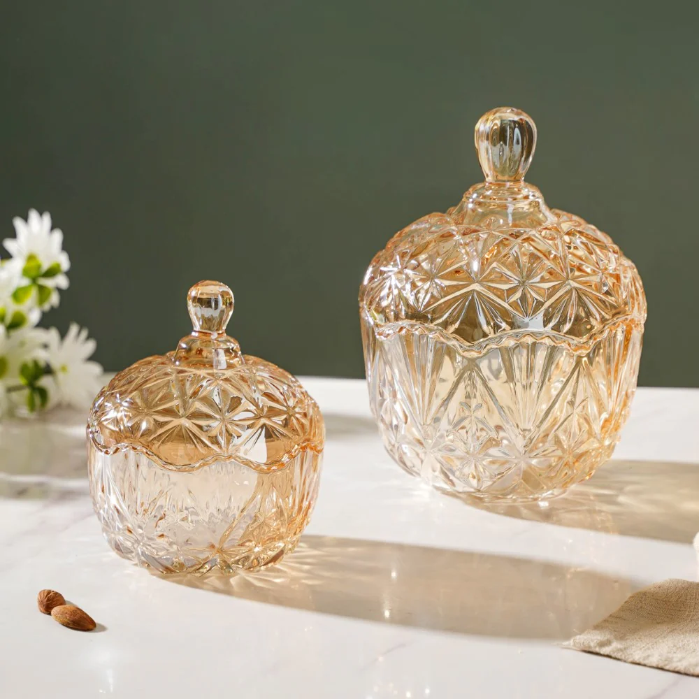 Vintage Round Crystal Glass Amber Jar Large 500 ml - Image 14