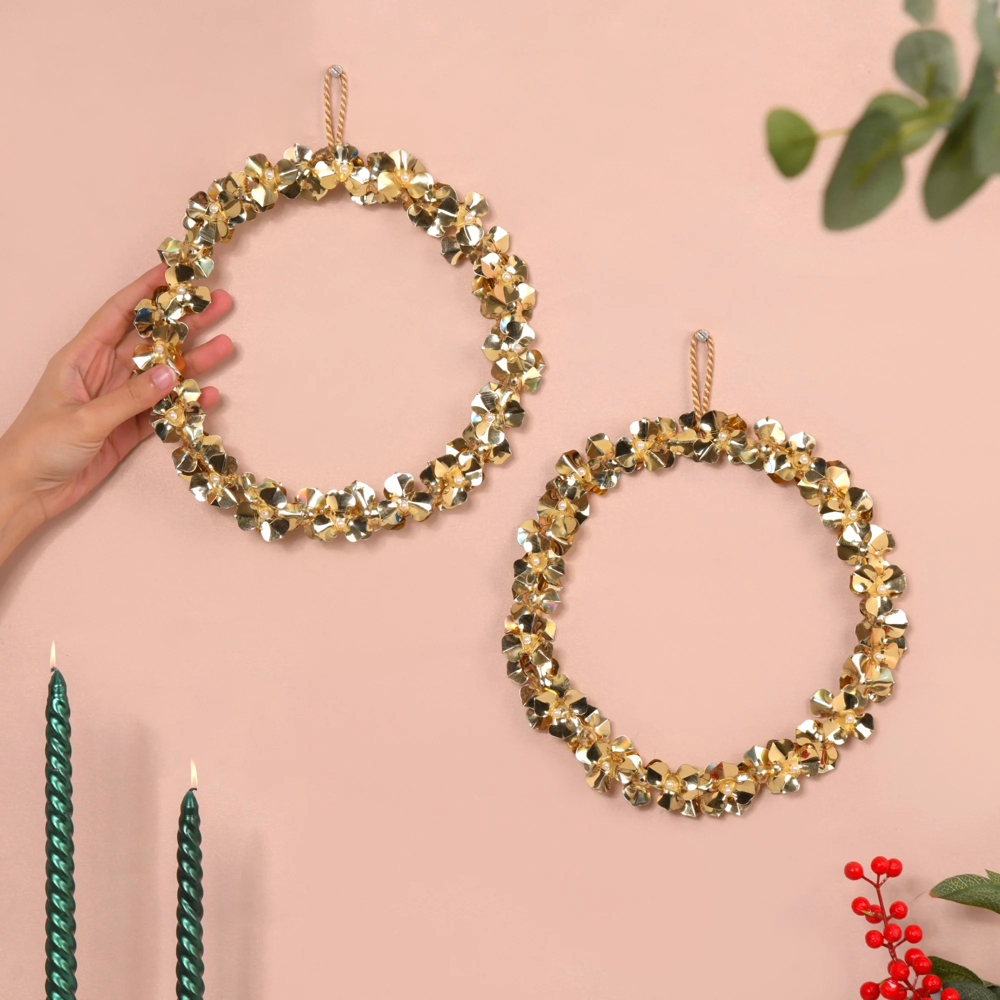 Wall Hanging Gold Flower Wreath Set Of 2 8 Inch - Image 2
