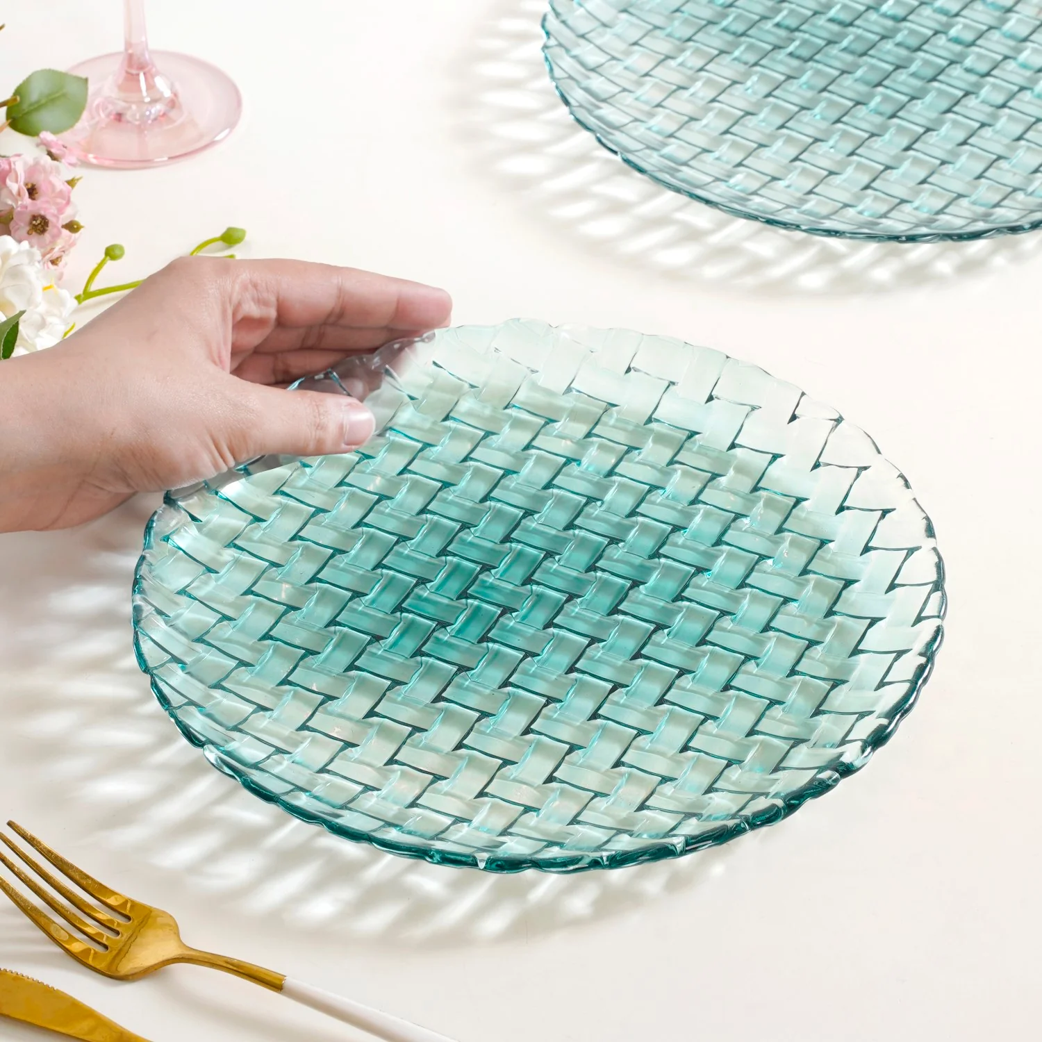 Weave Design Glass Dinner Plate Set Of 6 Teal 25cm - Image 4
