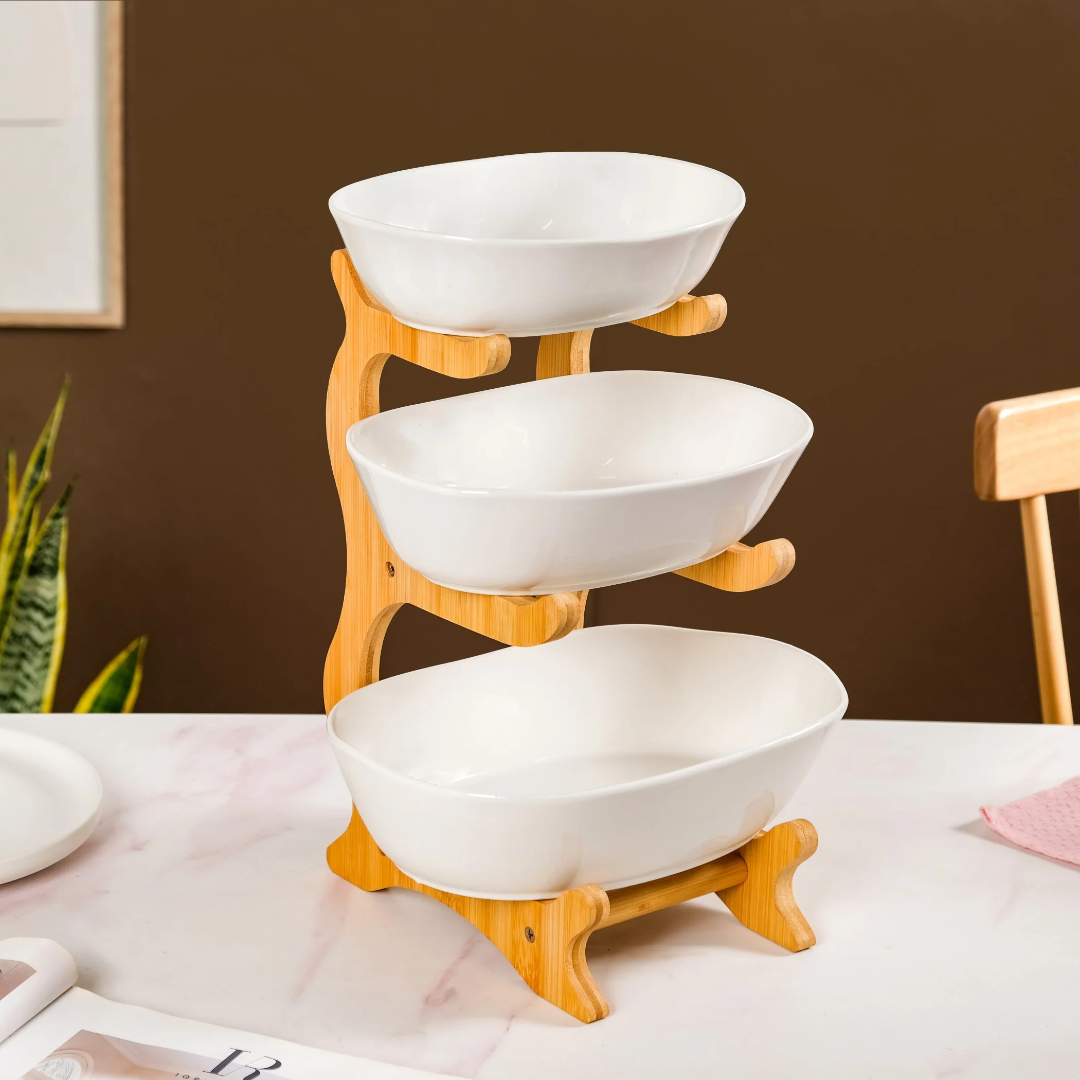White 3 Tier Ceramic Fruit Bowl With Stand - Image 2