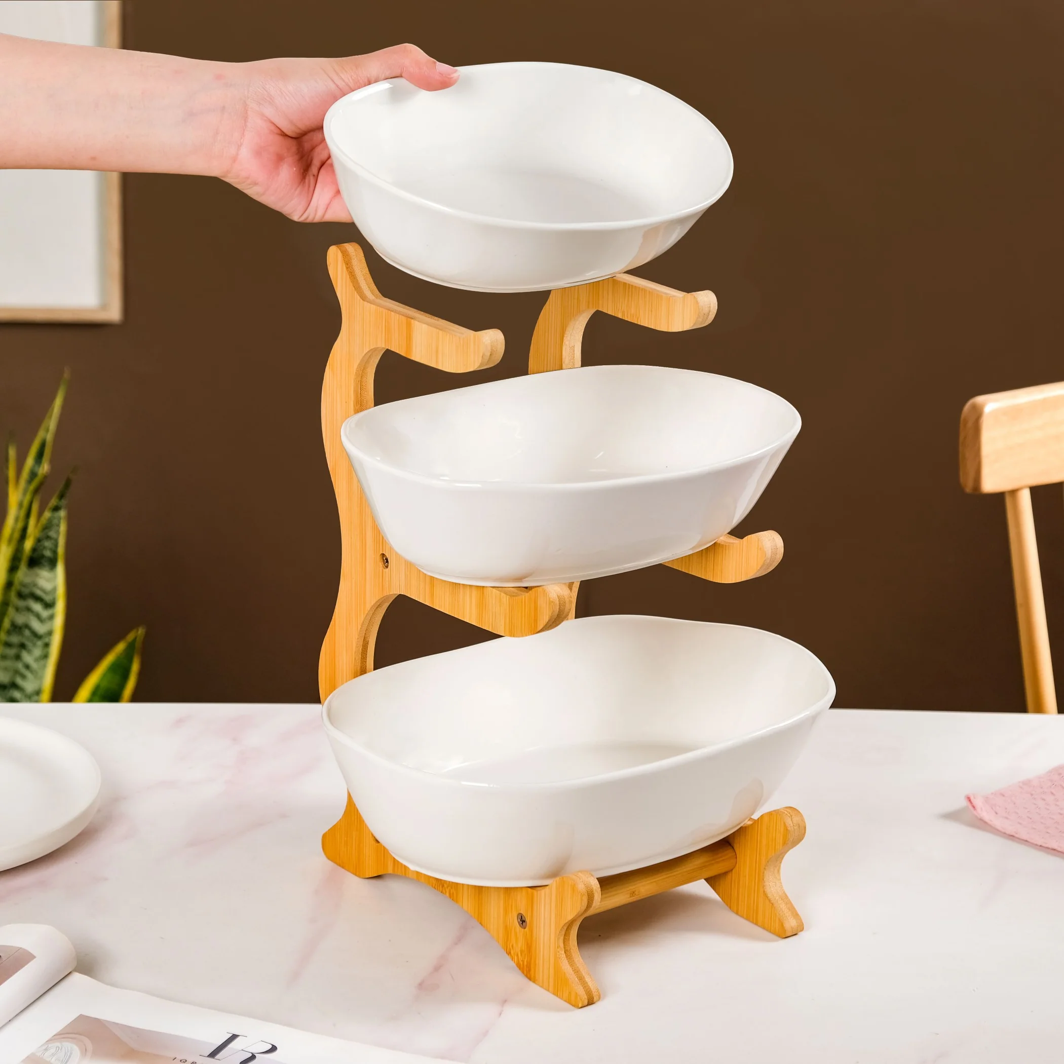 White 3 Tier Ceramic Fruit Bowl With Stand - Image 3