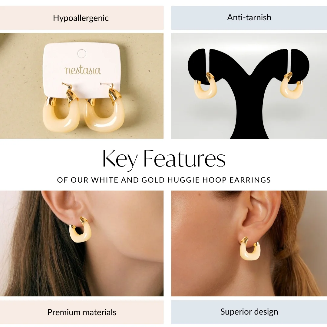 White And Gold Huggie Hoop Earrings - Image 4