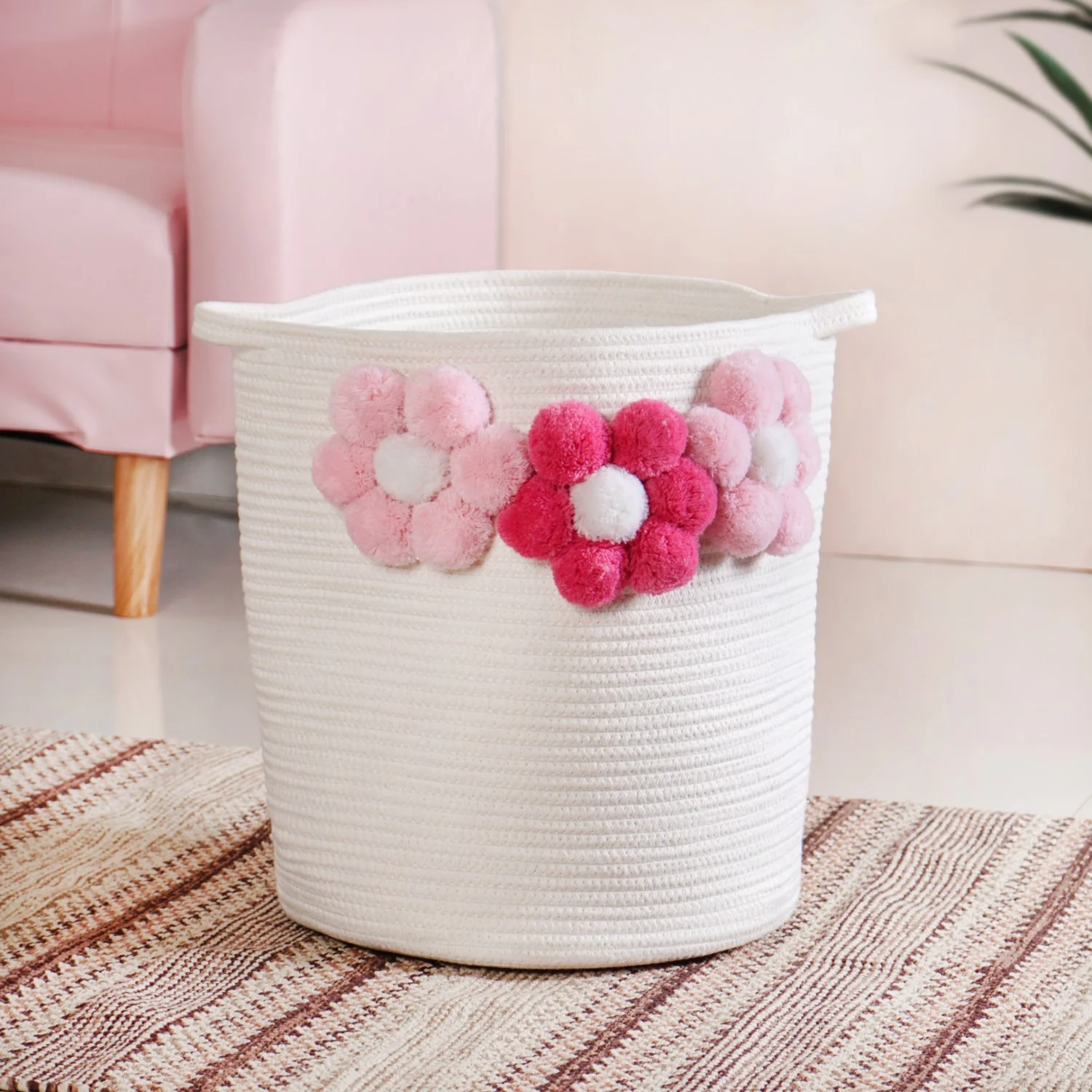 White Basket With Pink Flowers 40cm - Image 2