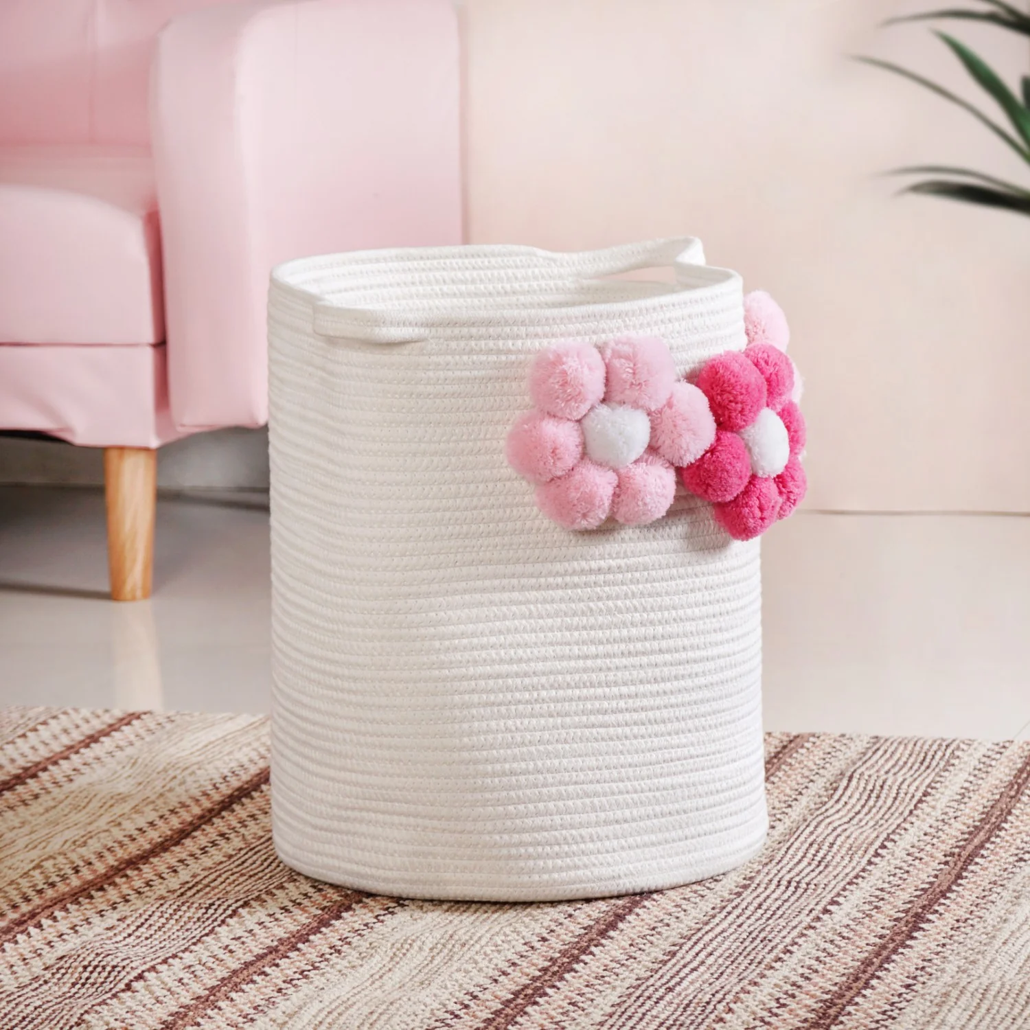 White Basket With Pink Flowers 40cm - Image 7