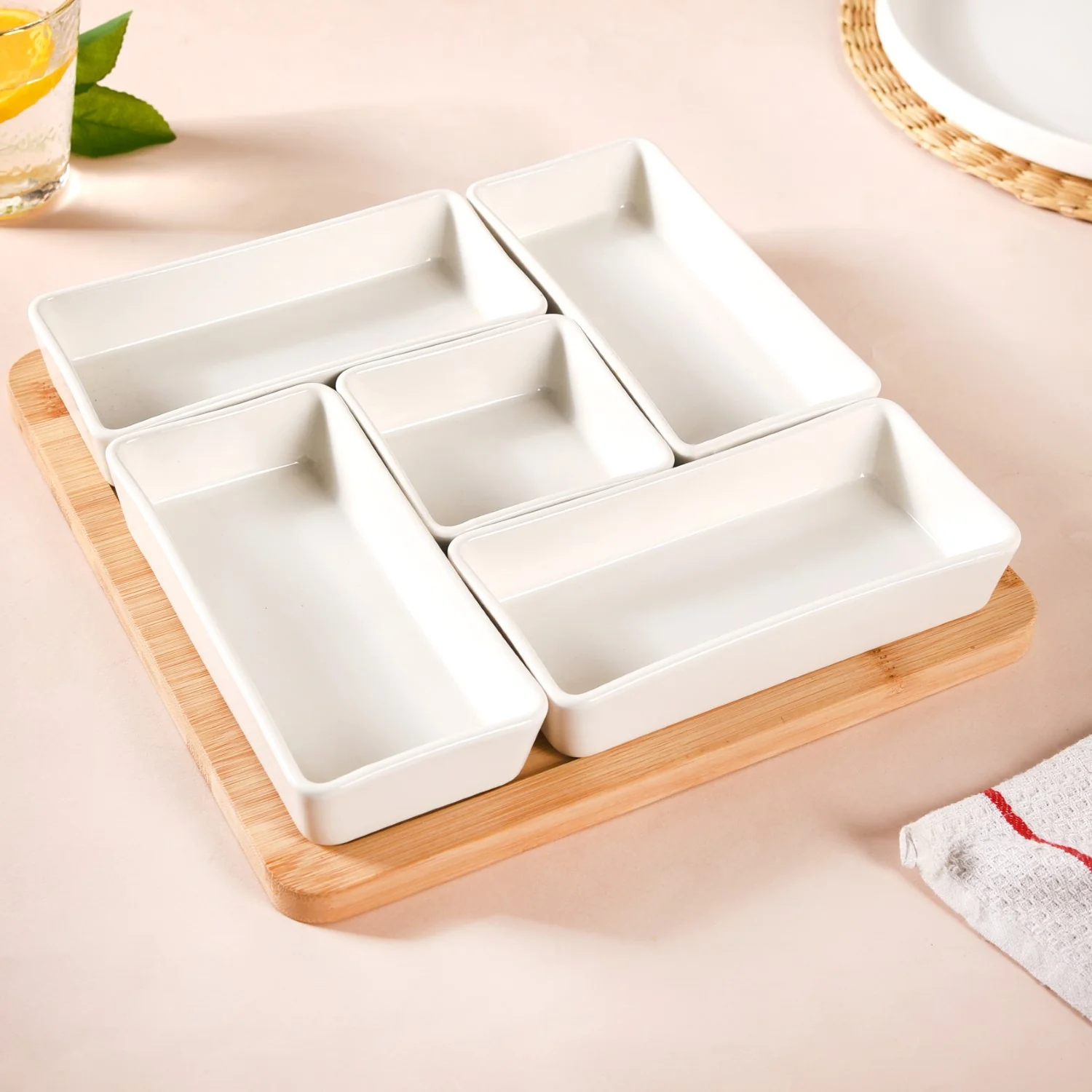 White Ceramic Bowls With Bamboo Tray Set Of 5 - Image 2