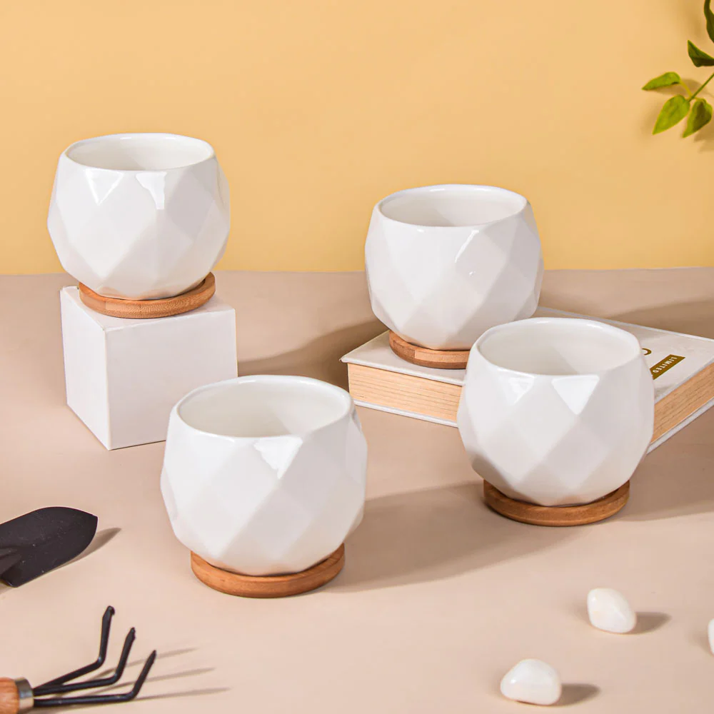 White Ceramic Planter Diamond Pattern Set Of 4 - Image 8
