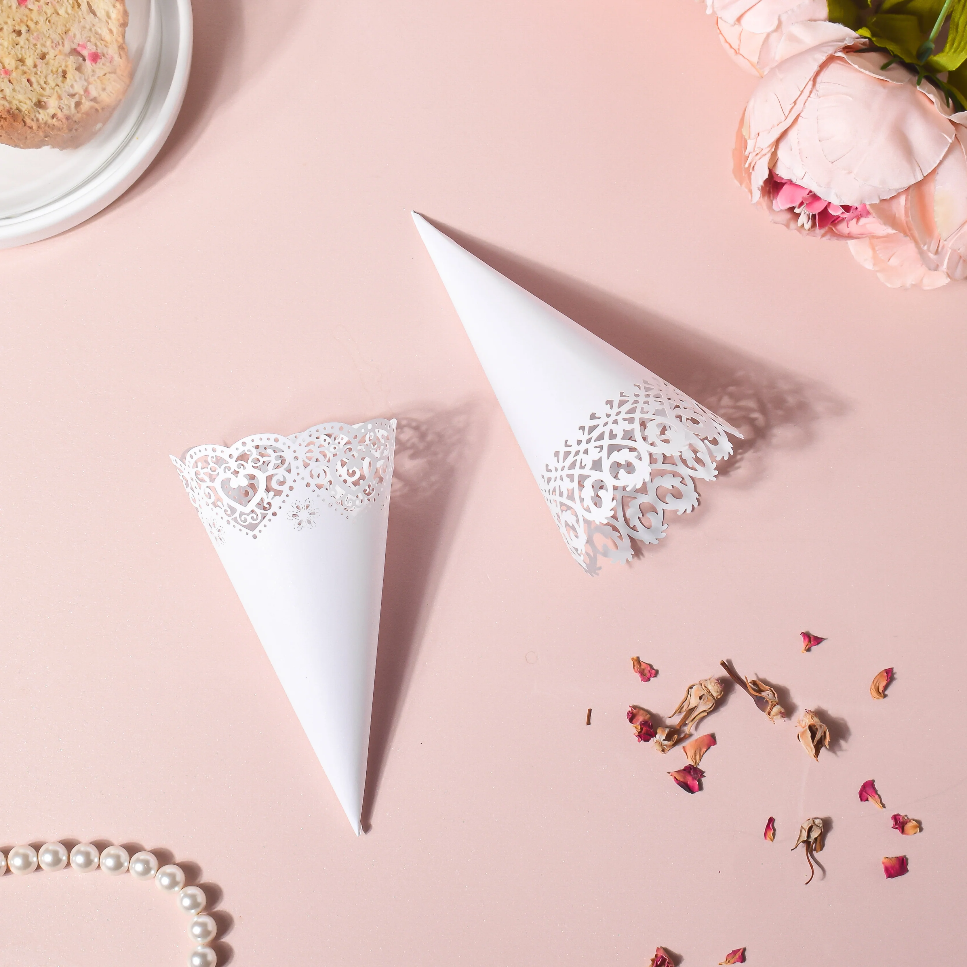 White Heart Lace Paper Cone Doily Set of 20 - Image 3