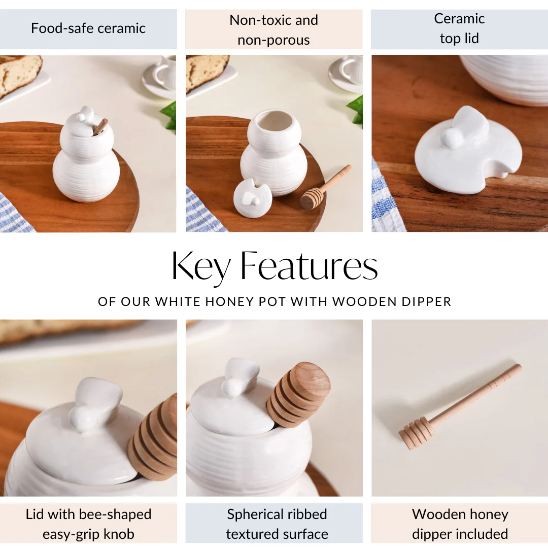 White Honey Pot With Wooden Dipper 350ml - Image 5