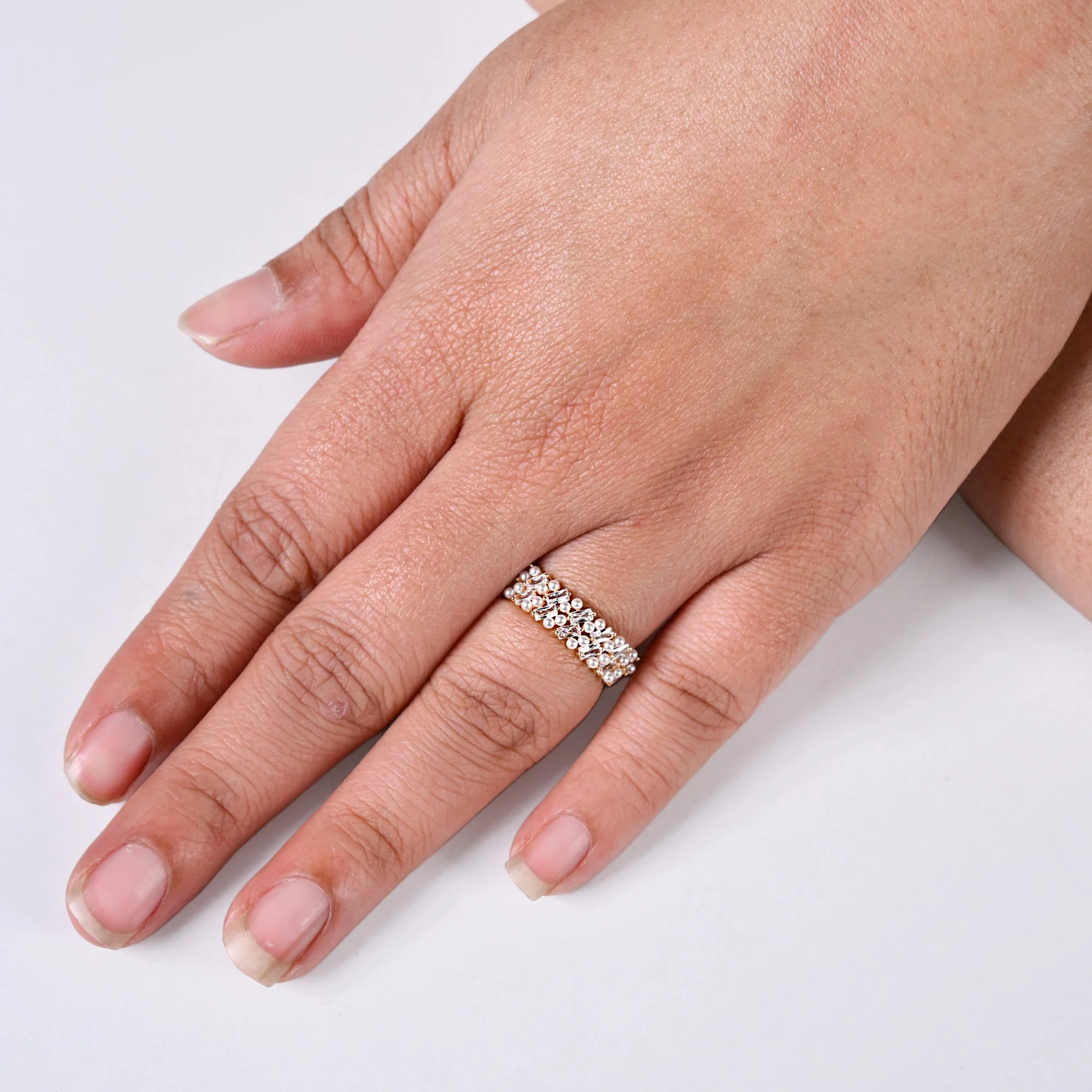 White Pearl Blossom Gold Ring - Image 2