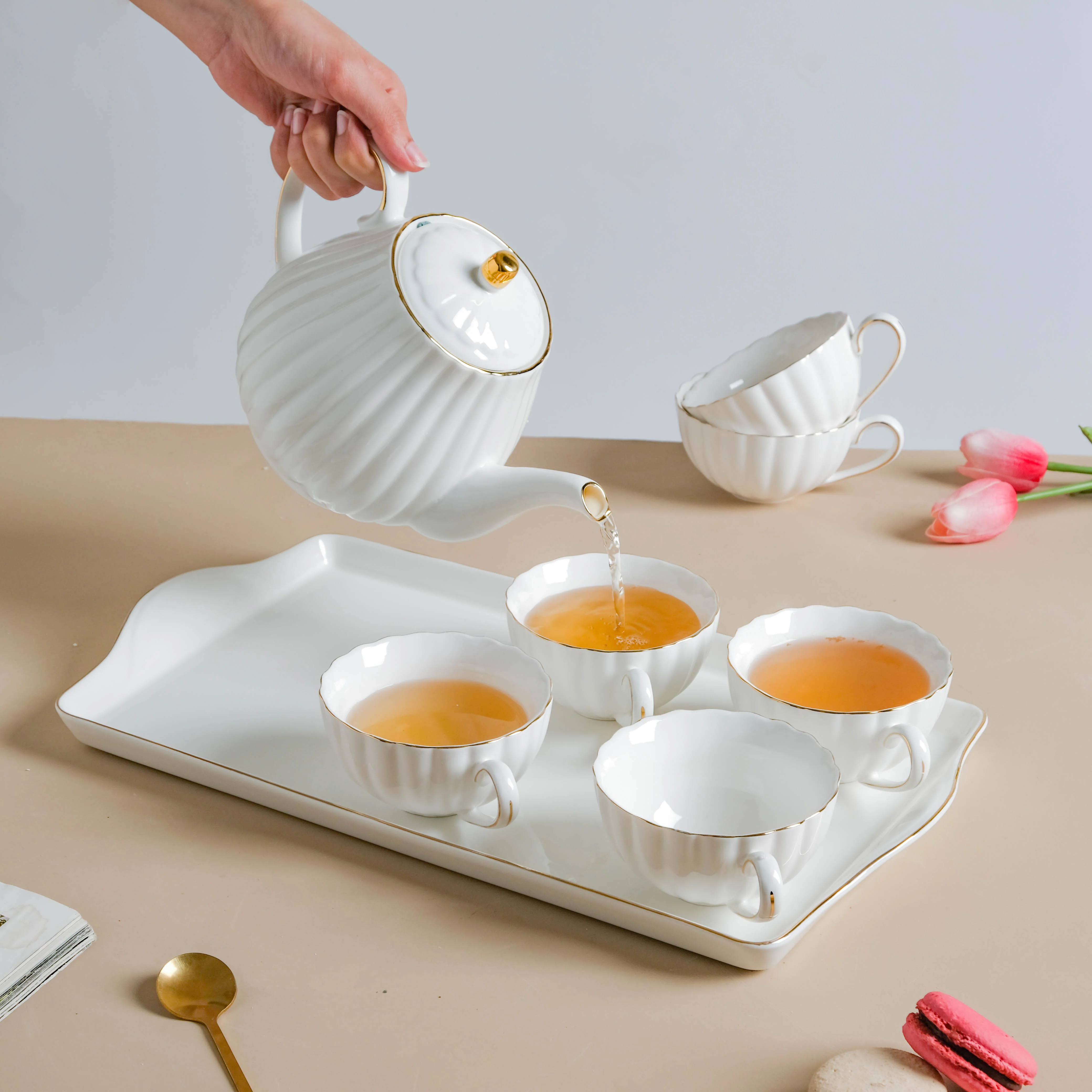 White Truffle Ribbed 1 Litre Teapot With Set Of 6 Cups 150 ml - Image 2