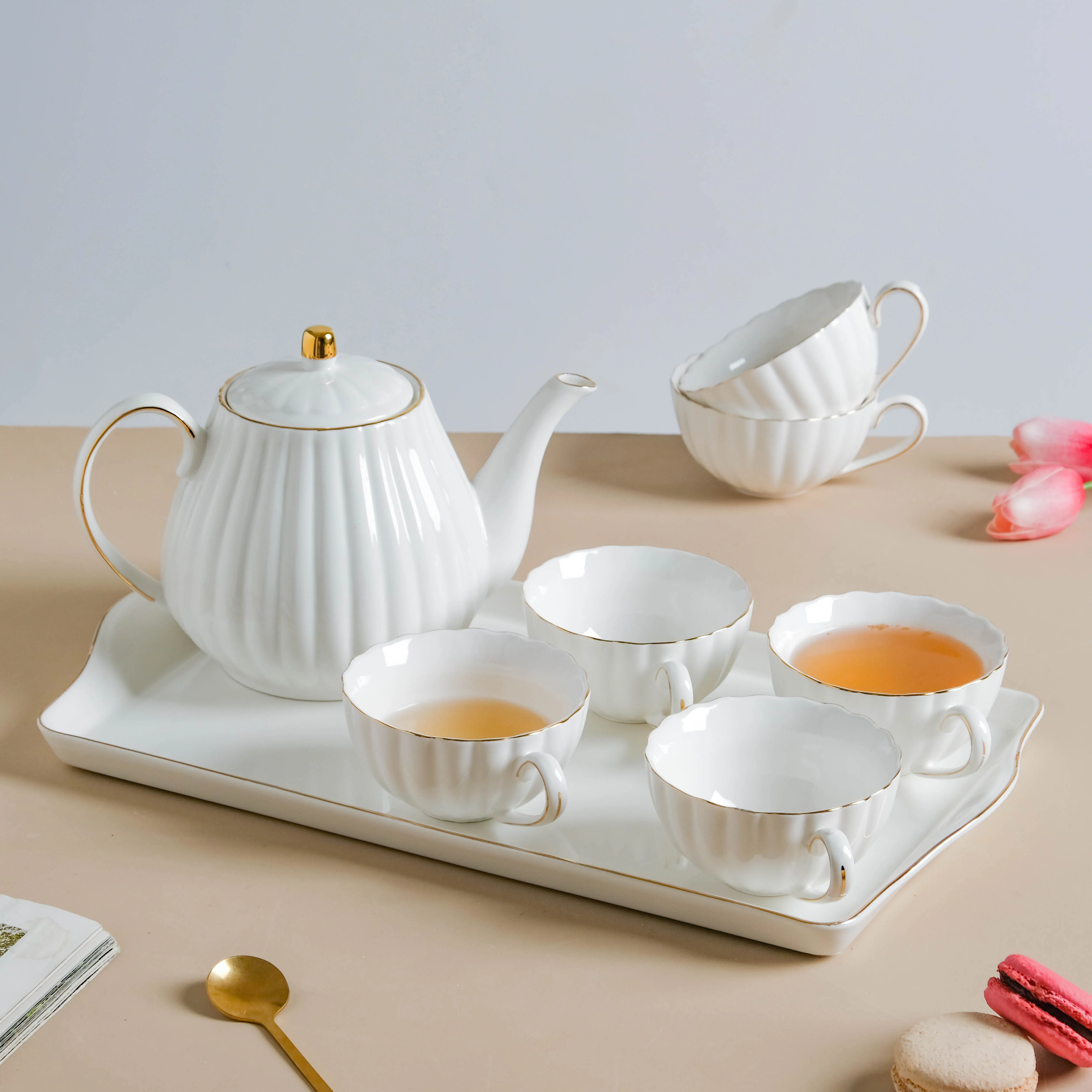 White Truffle Ribbed 1 Litre Teapot With Set Of 6 Cups 150 ml - Image 3