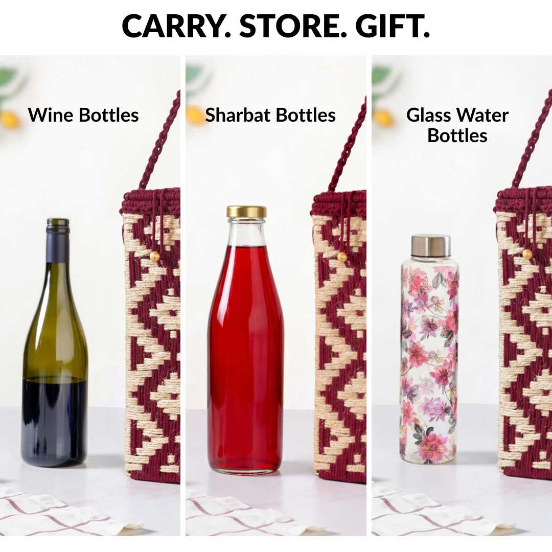 Wine Bottle Holder Handwoven Box Jute Maroon - Image 7