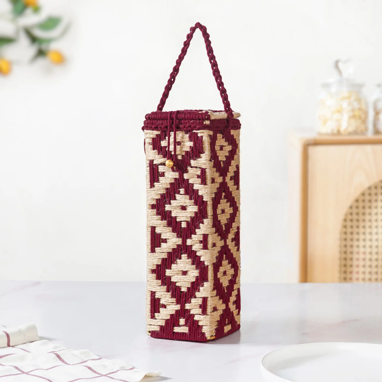 Wine Bottle Holder Handwoven Box Jute Maroon - Image 9