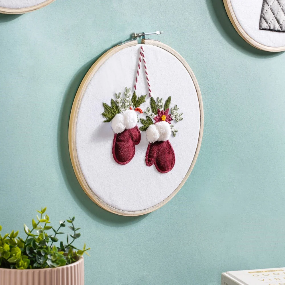 Winter Gloves Hand Embroidered Hoop Wall Hanging 10 Inch - Image 3