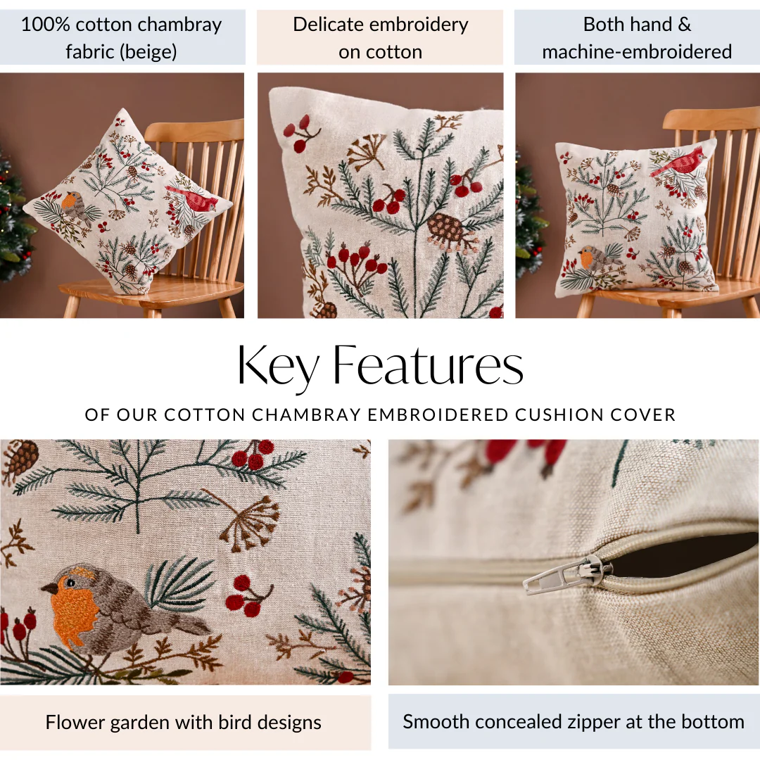 Winter Songbirds Decorative Cotton Cushion Cover 40x40cm - Image 5