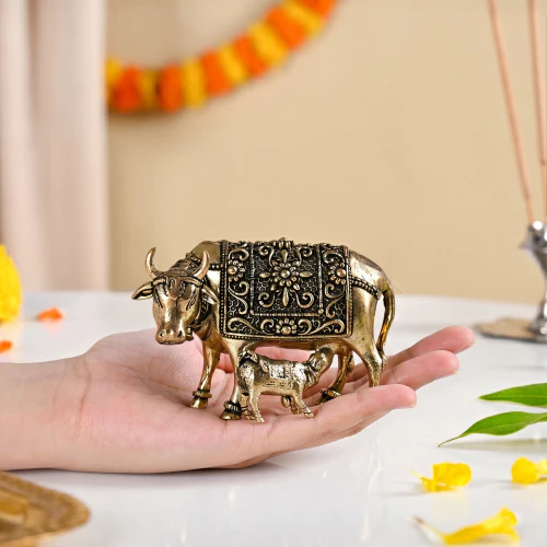 Wish Fulfilling Kamdhenu Cow Calf Idol Pure Brass 4cm In Gift Box - Image 3
