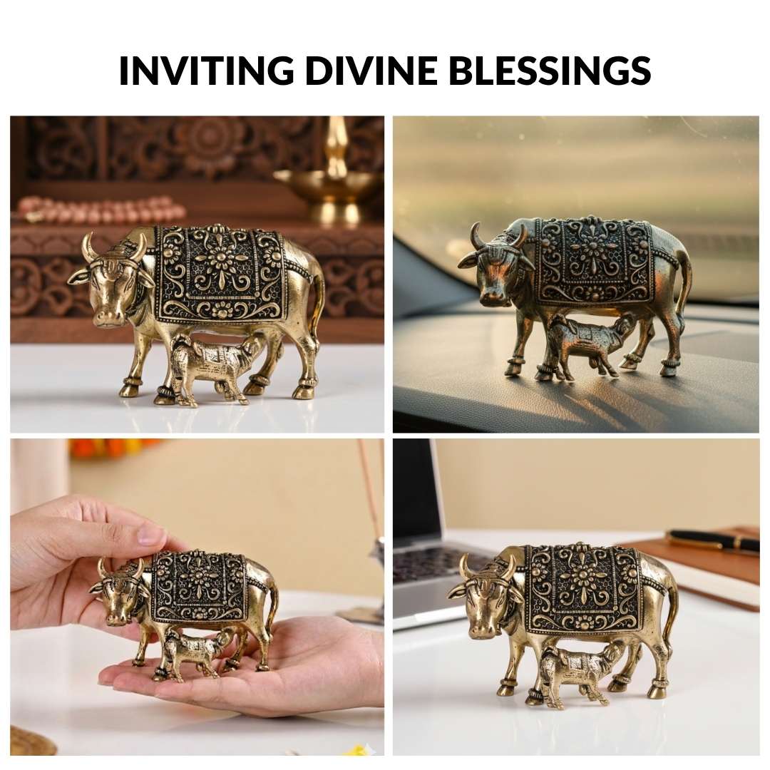 Wish Fulfilling Kamdhenu Cow Calf Idol Pure Brass 4cm In Gift Box - Image 6