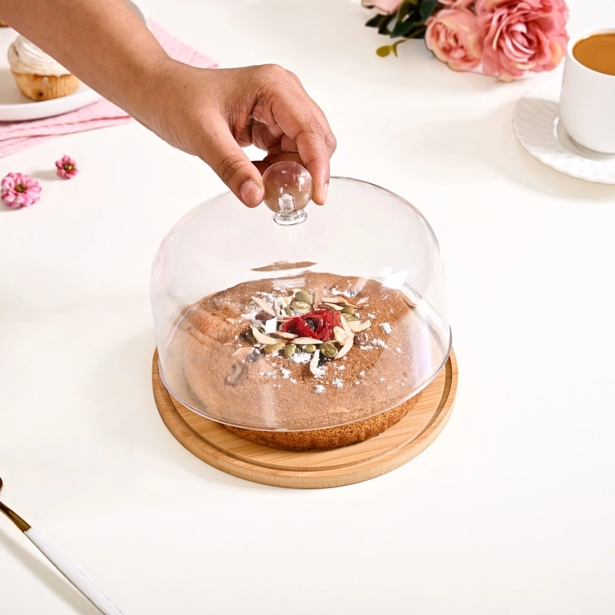 Wooden Cake Stand With Transparent Cloche 17cm - Image 2