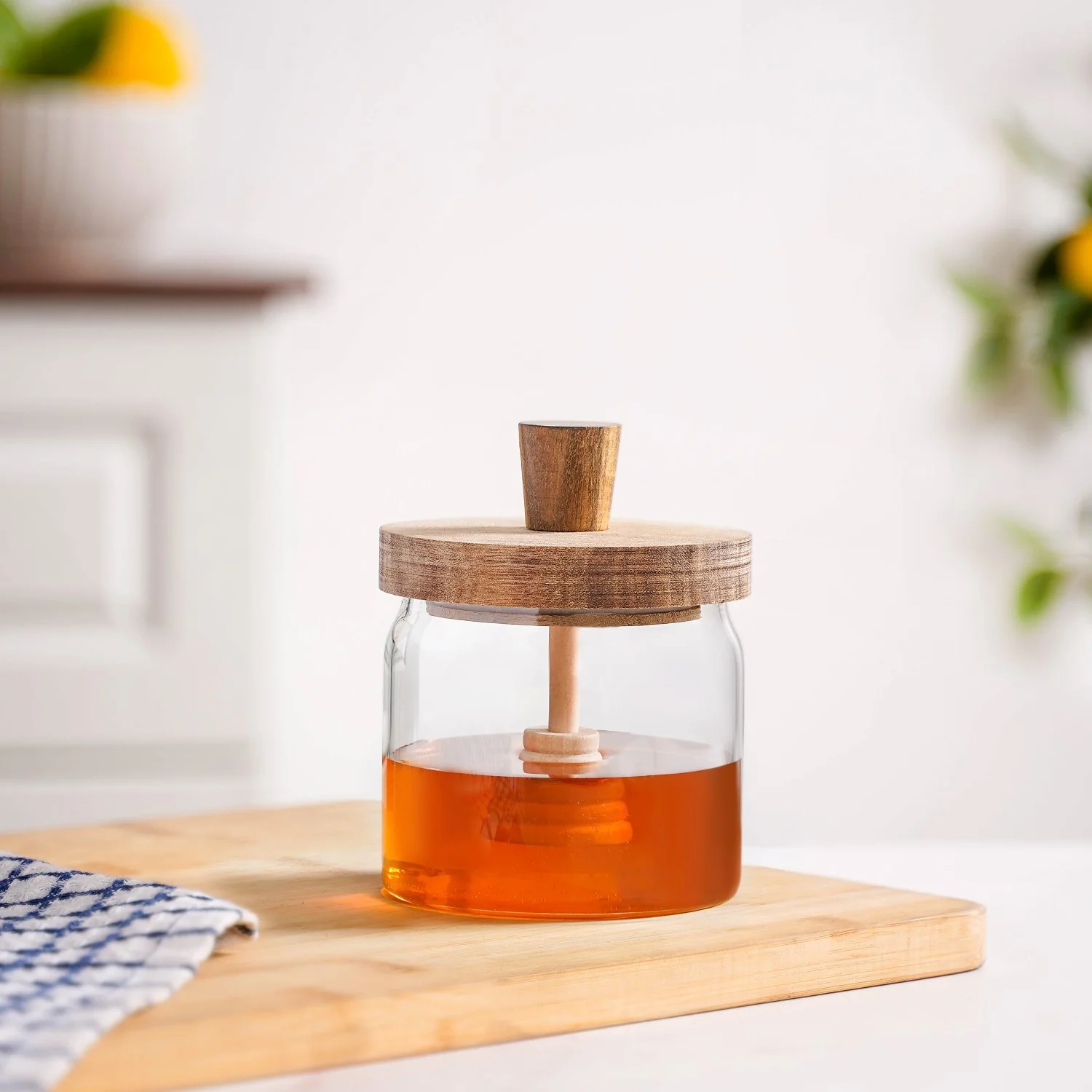 Wooden Leakproof Lid Honey Jar With Honey Dipper 350ml