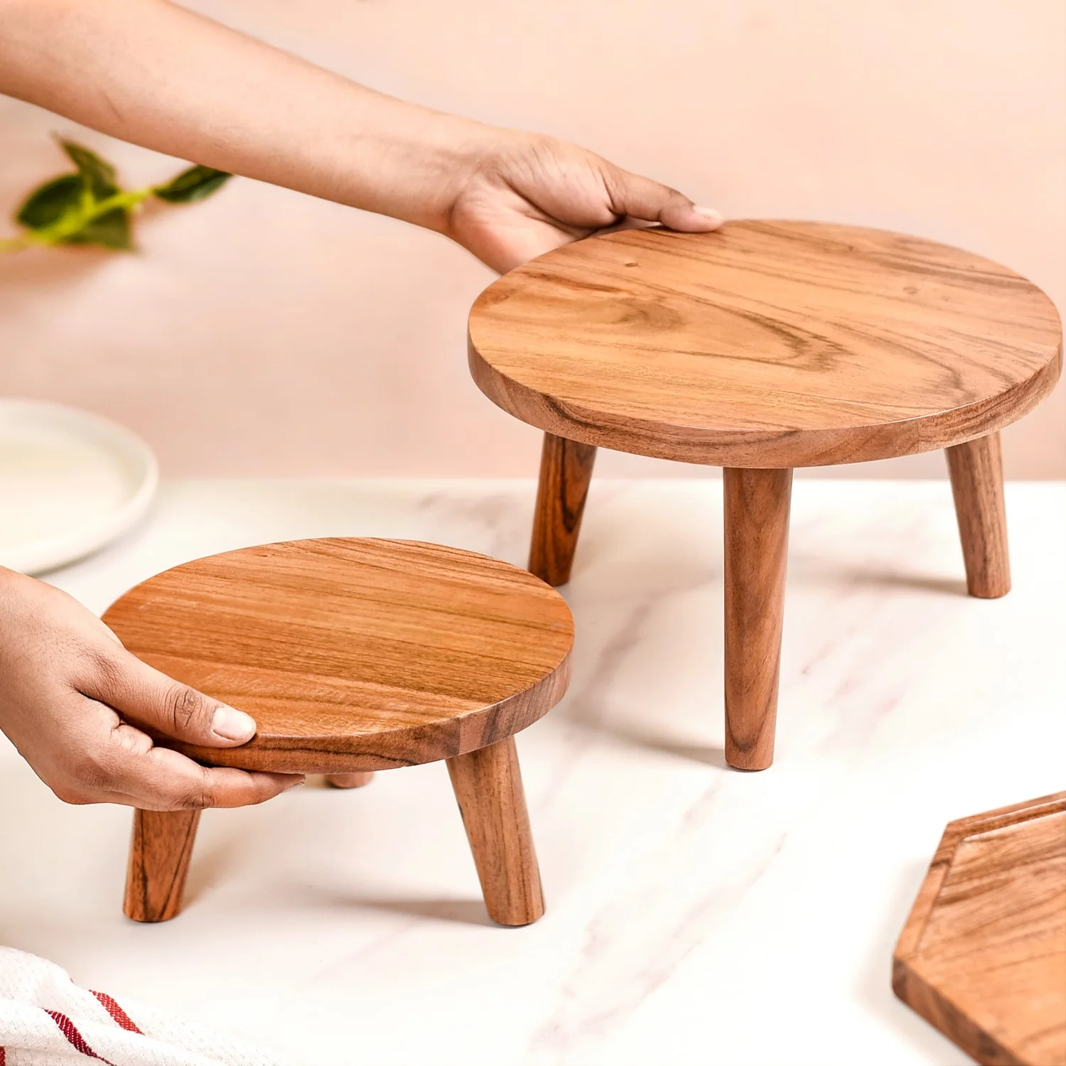 Wooden Stool Pedestal Serving Platter Set Of 2 - Image 2