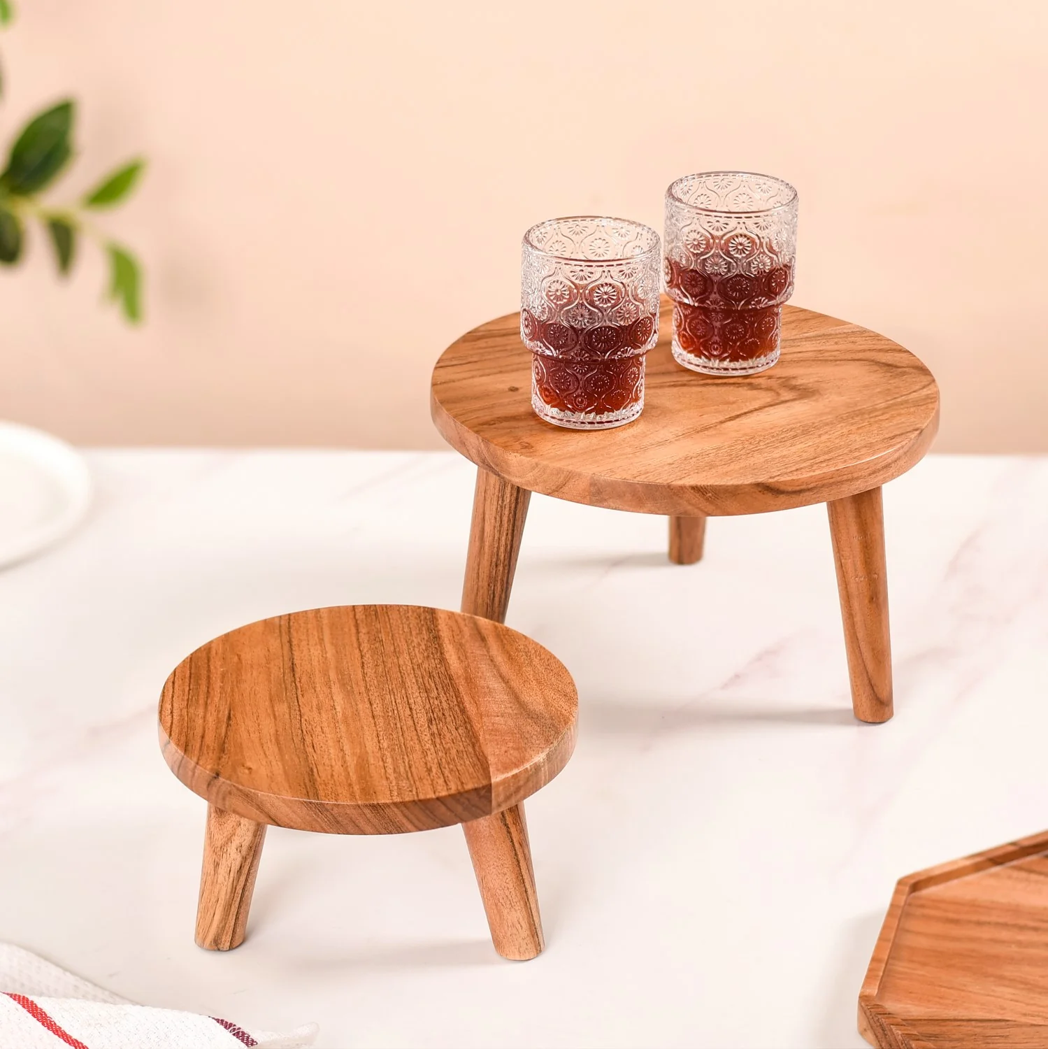Wooden Stool Pedestal Serving Platter Set Of 2 - Image 3