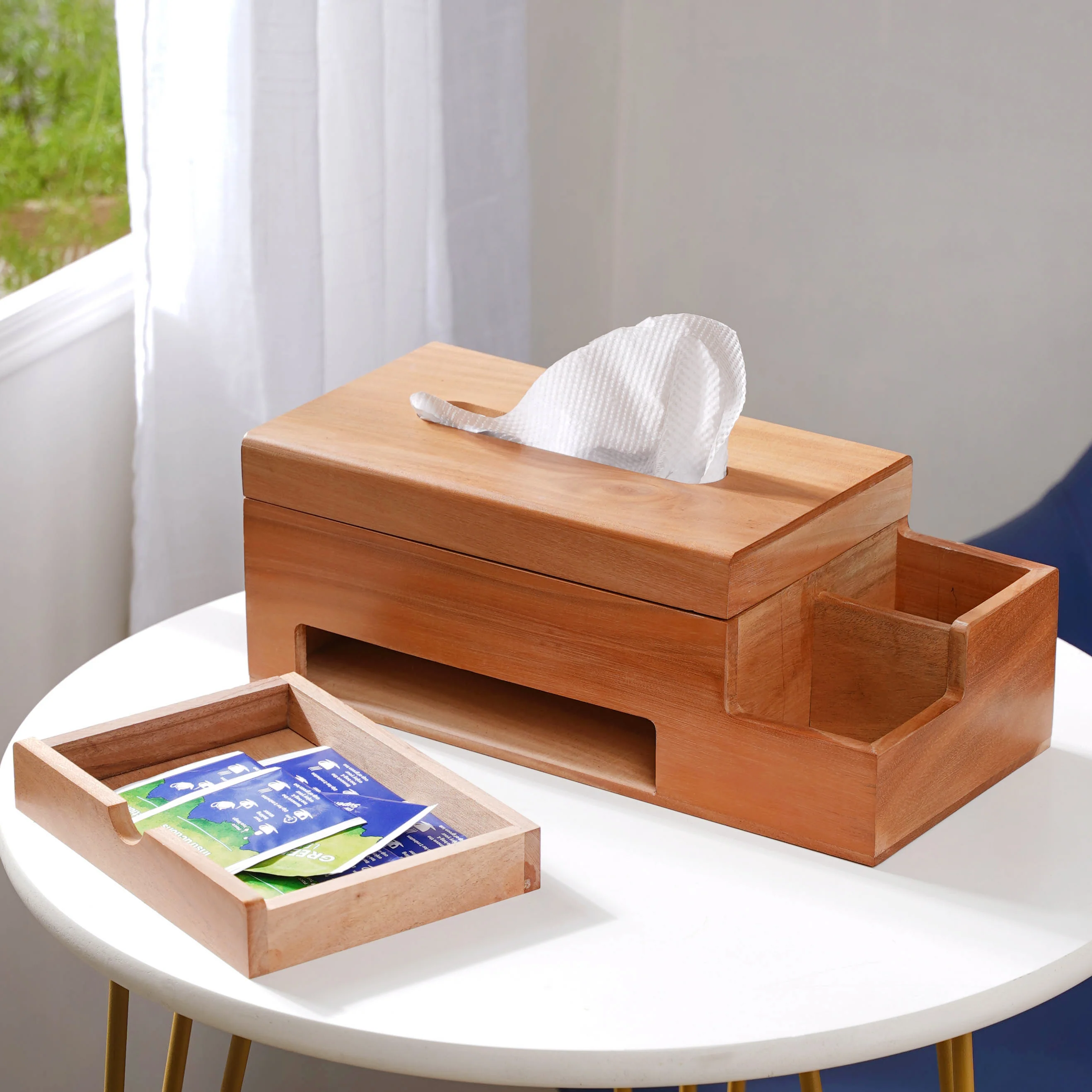 Wooden Tissue Box And 3 Shelf Desk Organiser - Image 6