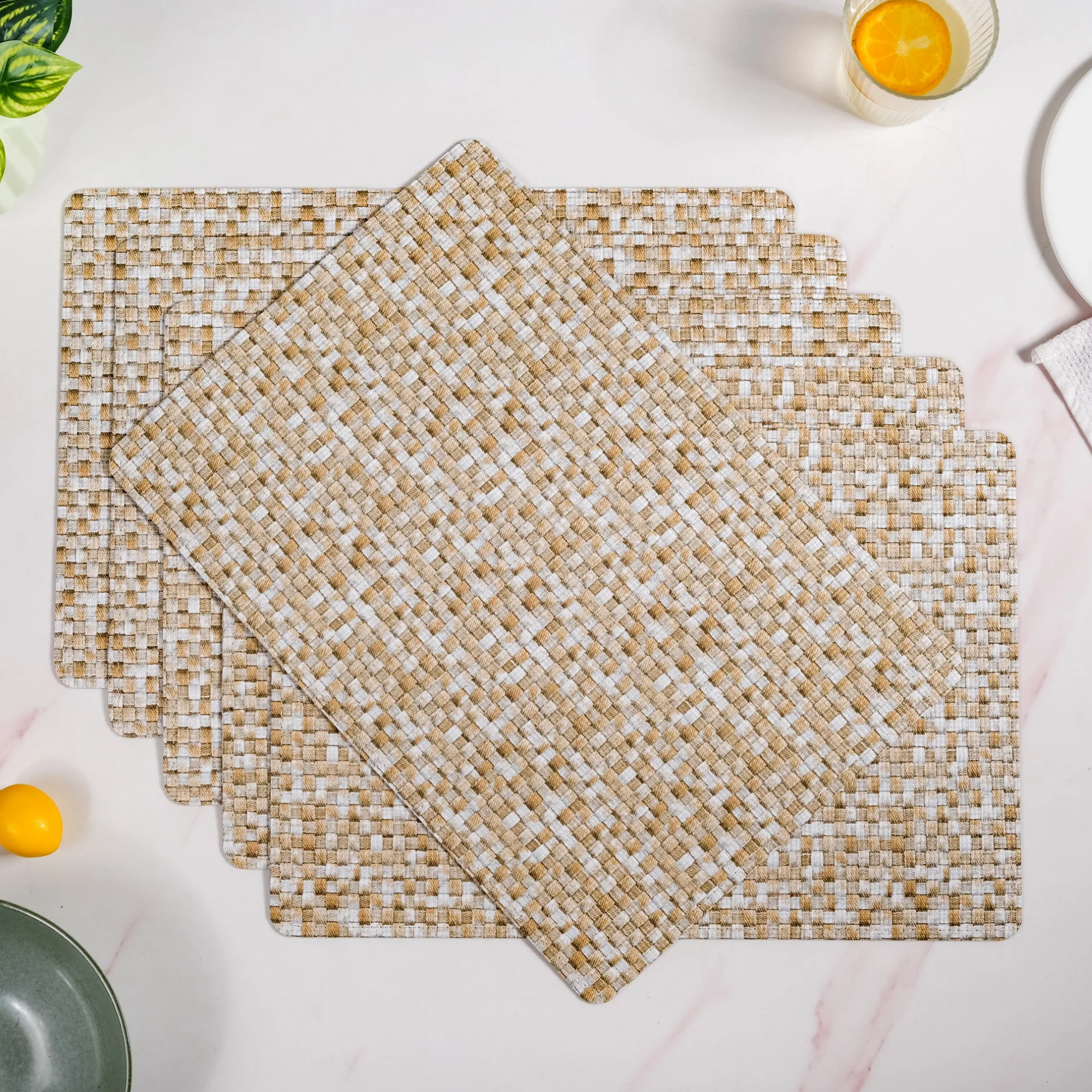 Yellow And White Intrecciato Weave Rectangular Table Mat Set Of 6 - Image 6
